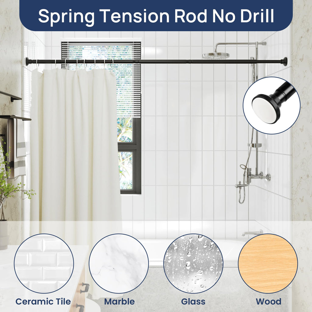 Matte Black Shower Curtain Rod Tension 30 to 76 Inches Never Rust Non-Slip Spring Tension Shower Rod No Drilling Stainless Steel Curtain Pole Use Bathroom, Closet, Window, Room Divider