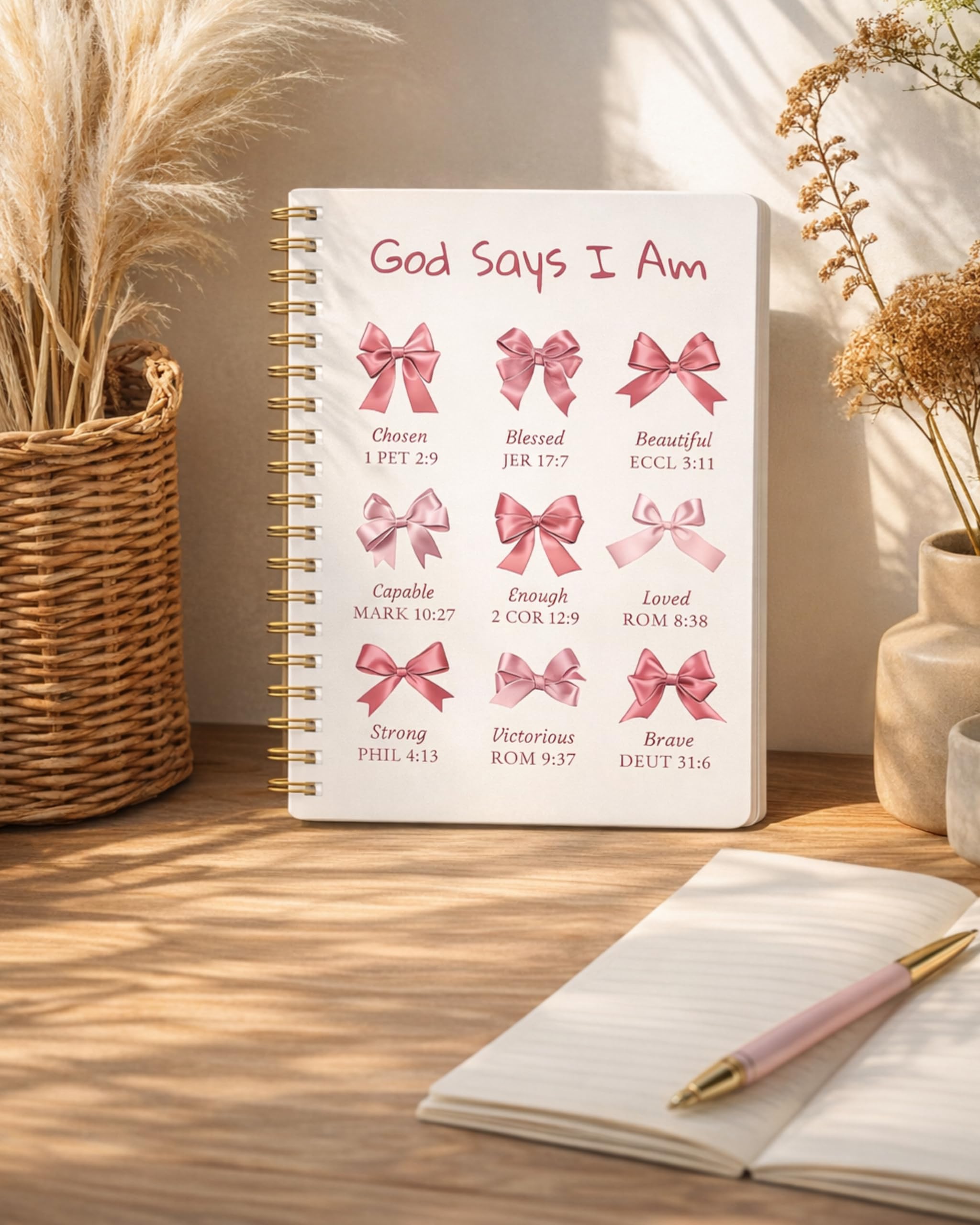 Bible Prayer Journal for Women, Pink Christian Notebook with Lines Gifts for Girls, Bible Study Supplies Guide Accessories, Preppy Bow Stuff Cute Church Spiral Notebook for Bible Notes, 5.5 X 8.3