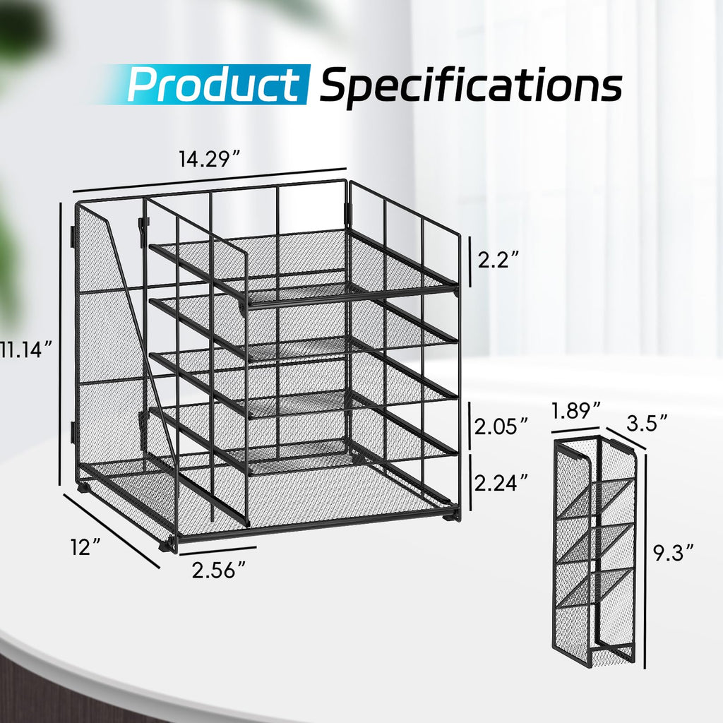 SUPEASY Desk Organizer with File Holder, 5-Tier Paper Letter Tray Organizer with Pen Holder, Desktop Organization and Storage for Office Supplies Black