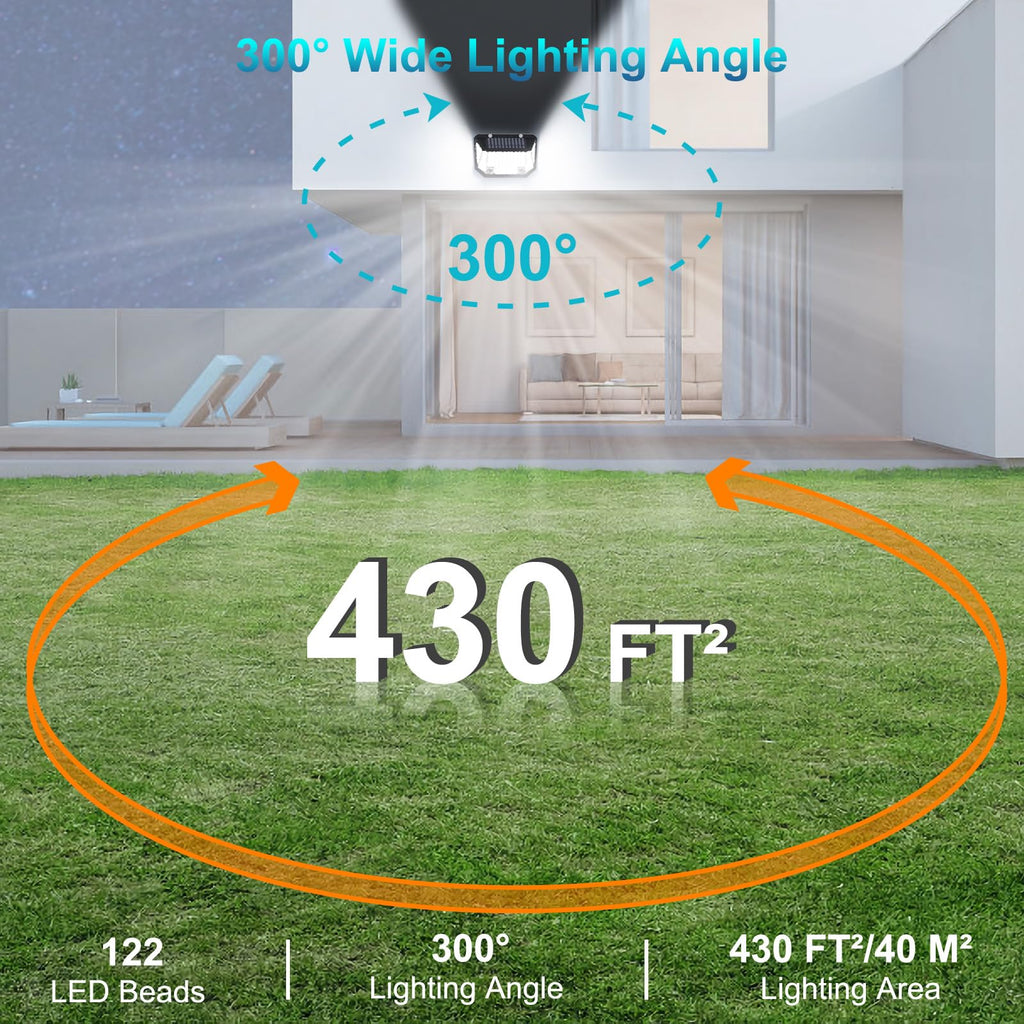 Kasonic Solar Lights Outdoor, 122 LEDs Motion Sensor Lights with 300° Wide Angle, Ultra-Bright Solar Security Wall Lights for Outside Garden Patio Fence Stairway, Cool White-2 Pack