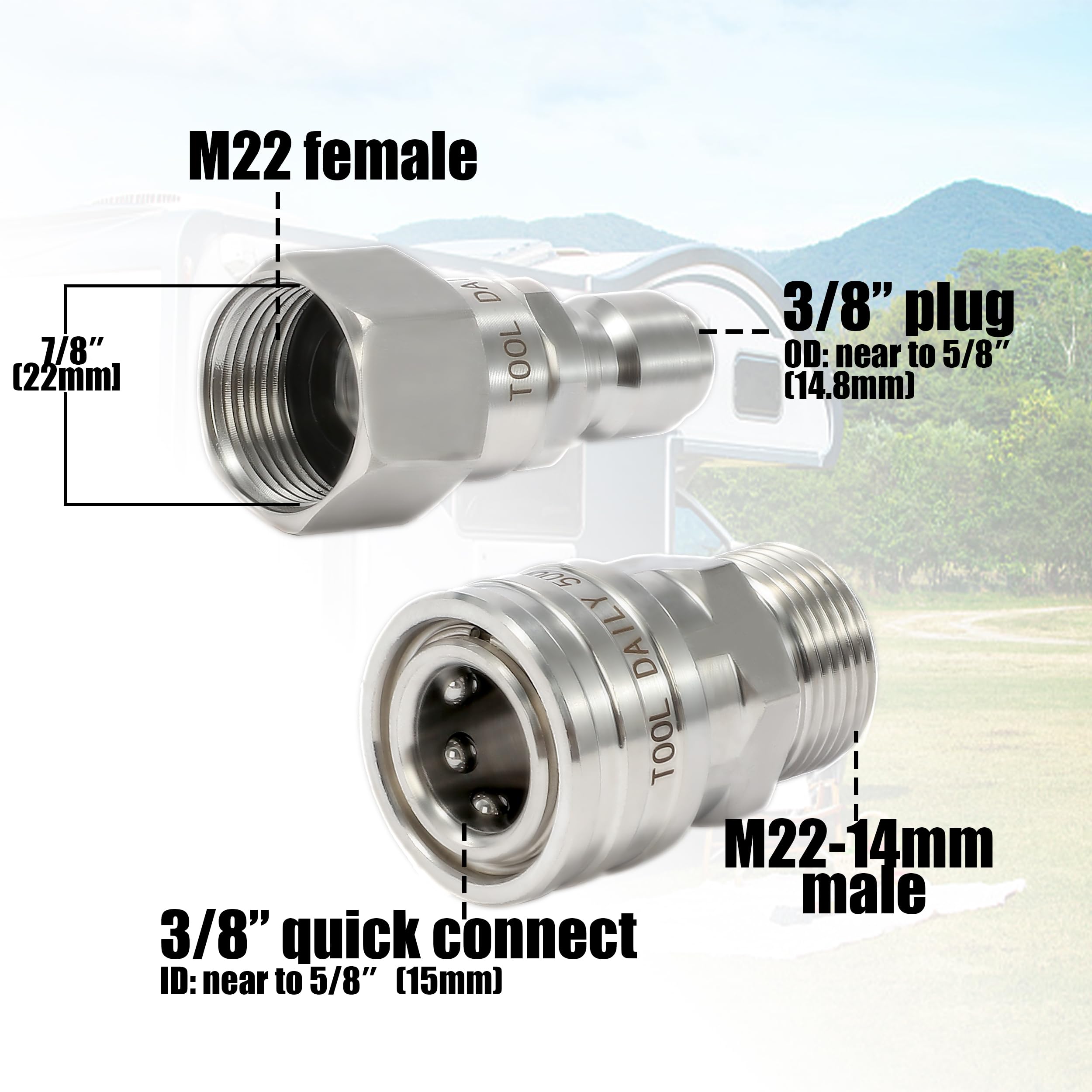 Tool Daily Pressure Washer Adapter Set with Swivel, M22 14mm to 3/8" Quick Connect, Stainless Steel Quick Disconnect Swivel for Power Washer Hose, 5000 PSI