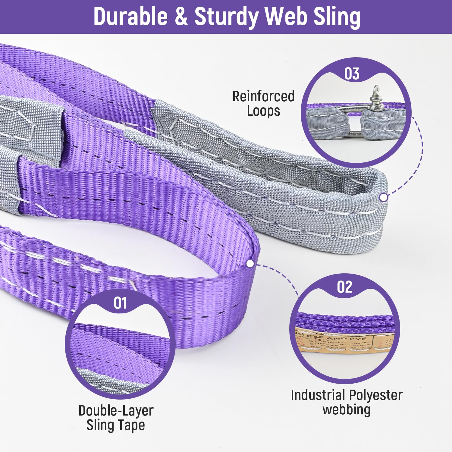 Vigtayue 2-Pack 1Inches x 3.3Ft 2-Ply Twisted Eye & Eye Polyester Lifting Sling, Lifting Slings 2204lbs Webbing Sling,Heavy Duty Lift Sling Web for Industrial Shop Use, Hoist, Tree Stumps, Purple