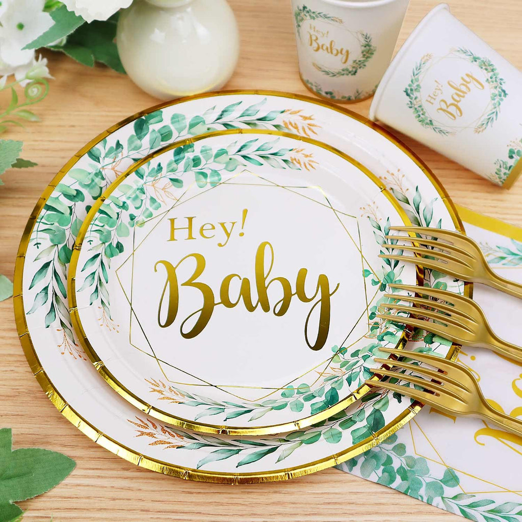 125pcs Sage Green Baby Shower Decorations for Boy or Girl - Neutral Tableware Set for 25 Guests | Eucalyptus Gold Foil Plates Cups and Napkins Straws Cutlery for Welcome Baby Fille Party Supplies
