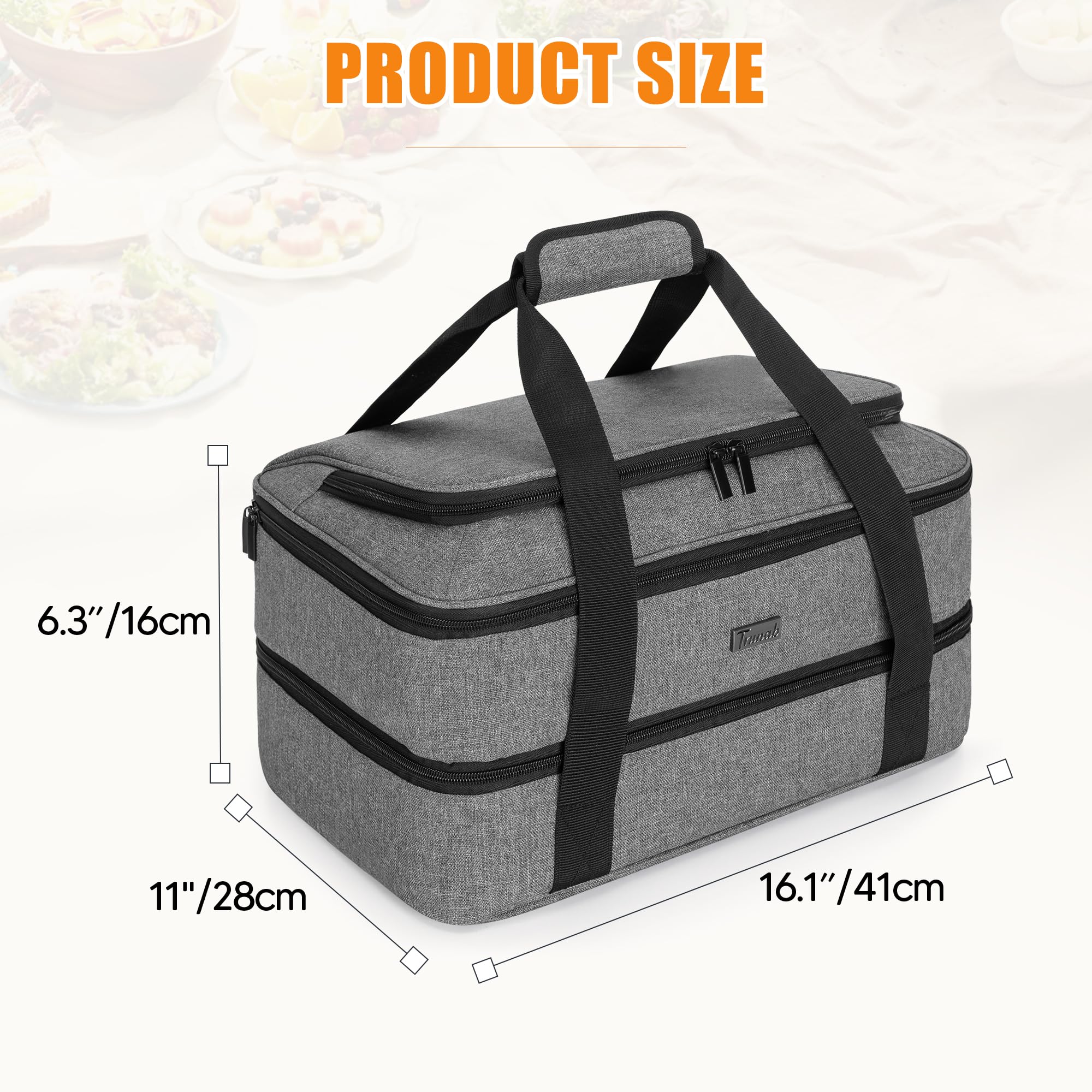 Trunab Double Decker Casserole Carrier for Hot or Cold Food Insulated Thermal Tote Bag for Picnic, Fits 9"×13" Baking Dish, Grey (Patented Design)