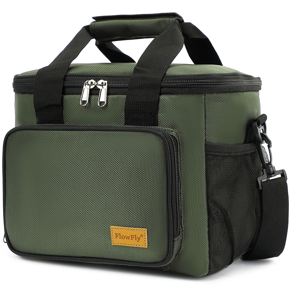 FlowFly Insulated Lunch Bag Adult Lunch Box Large Cooler Tote Bag with Top Handle for Men, Women, with Adjustable Strap,Front Pocket and Dual Large Mesh Side Pockets, ArmyGreen