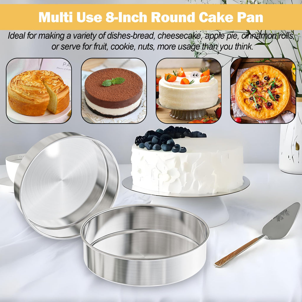 8 Inch Cake Pan Set of 3, Nonstick Circle Round Cake Pans with 100PCS Pre-cut Parchment Papers for Layer Cake, Non-Toxic Stainless Steel Baking Pans Set for Birthday Christmas Wedding, Dishwasher Safe