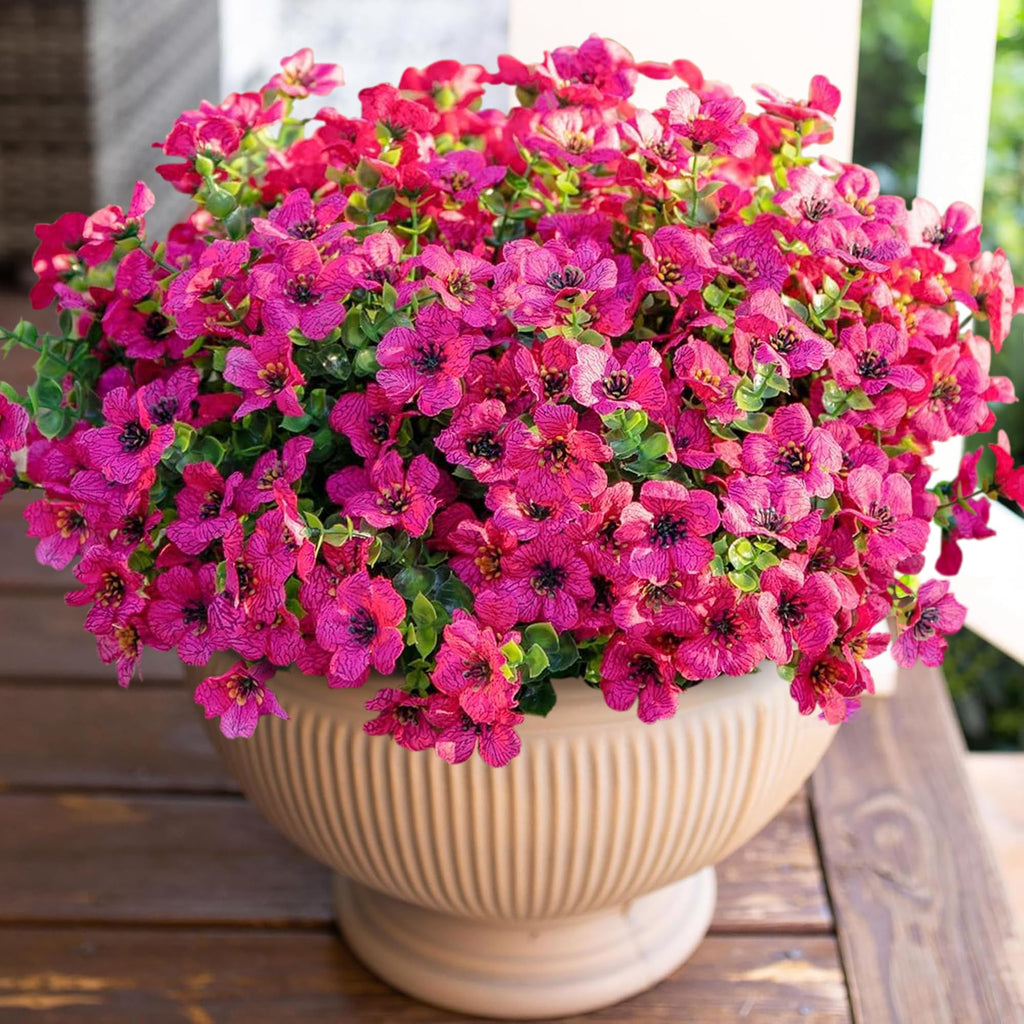 HyeFlora Artificial Flowers for Outdoor Indoor Garden Home Decoration, Faux Flower Daisy with Eucalyptus Leaves Fake Plants Greenery Boxwood Porch Patio, 12 Bundles (Rose Red)