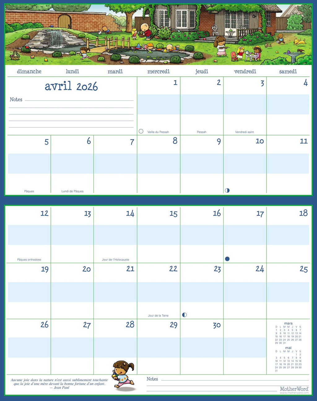 2026 MotherWord Ultimate Fridge Magnetic Hanging Family Calendar, 16-Month Family Planner, Sept 2025 - Dec 2026, French, Medium Side by Side Version, 15" x 9.5" (MWMFT12826)