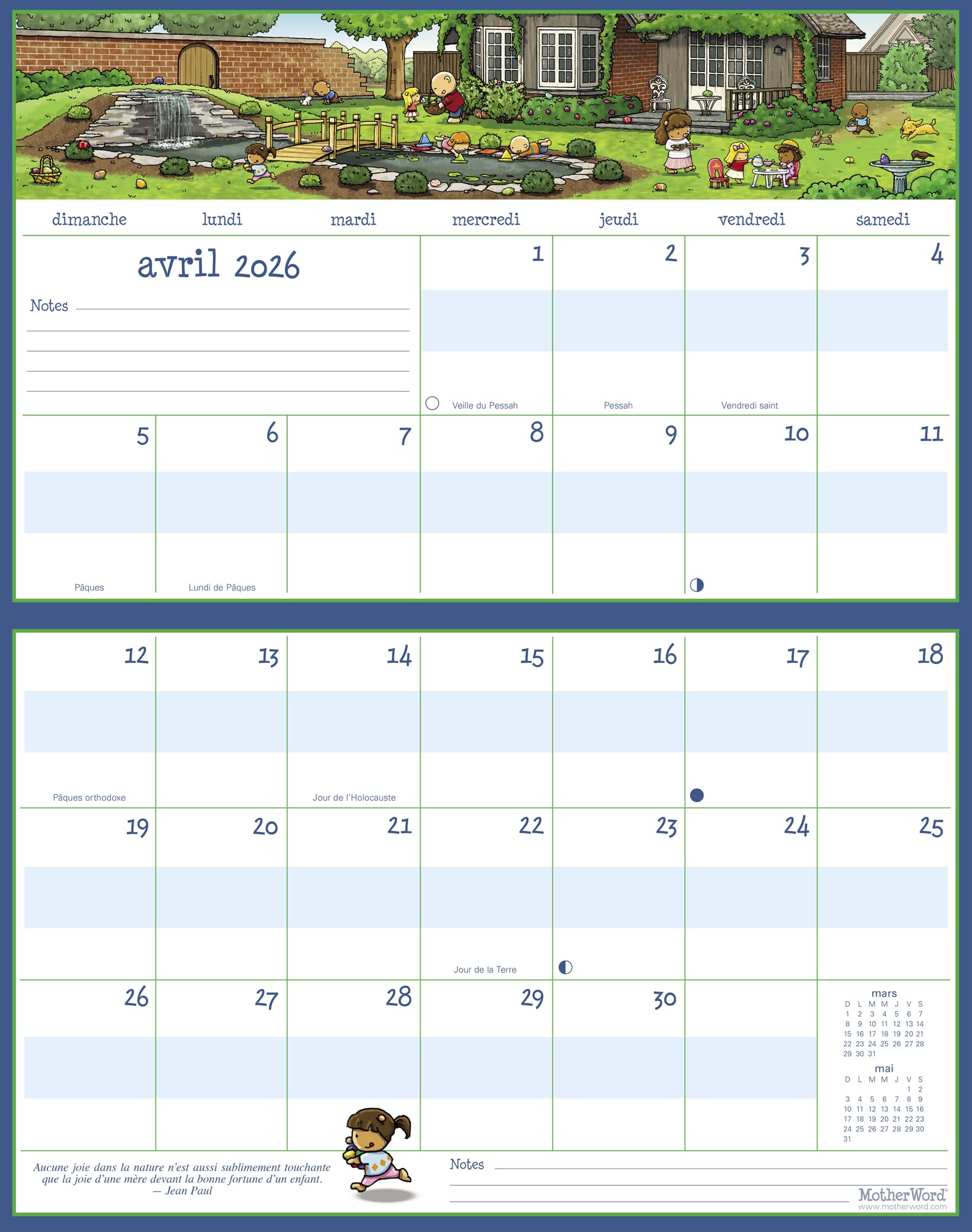 2026 MotherWord Ultimate Fridge Magnetic Hanging Family Calendar, 16-Month Family Planner, Sept 2025 - Dec 2026, French, Medium Side by Side Version, 15" x 9.5" (MWMFT12826)