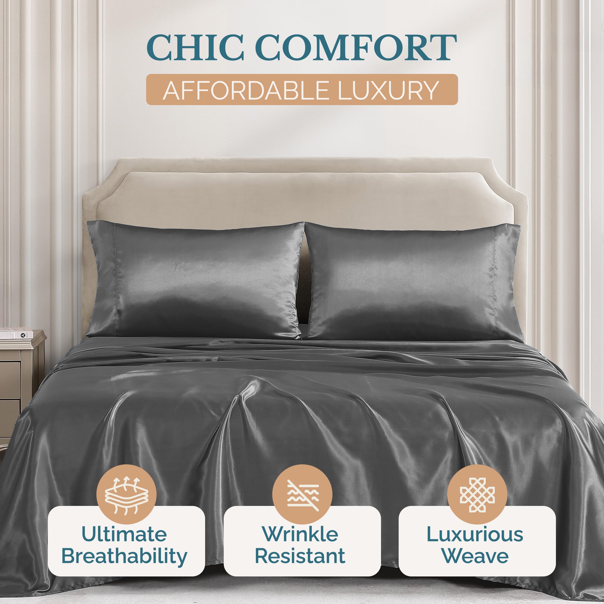 Casa Platino Satin Sheets - Queen Sheet Set, 4 Pcs Queen Bed Sheets, Similar to Silk Sheets, Bed Sheets Queen Size for Hair and Skin, Gifts for Women (Dark Grey, Queen)