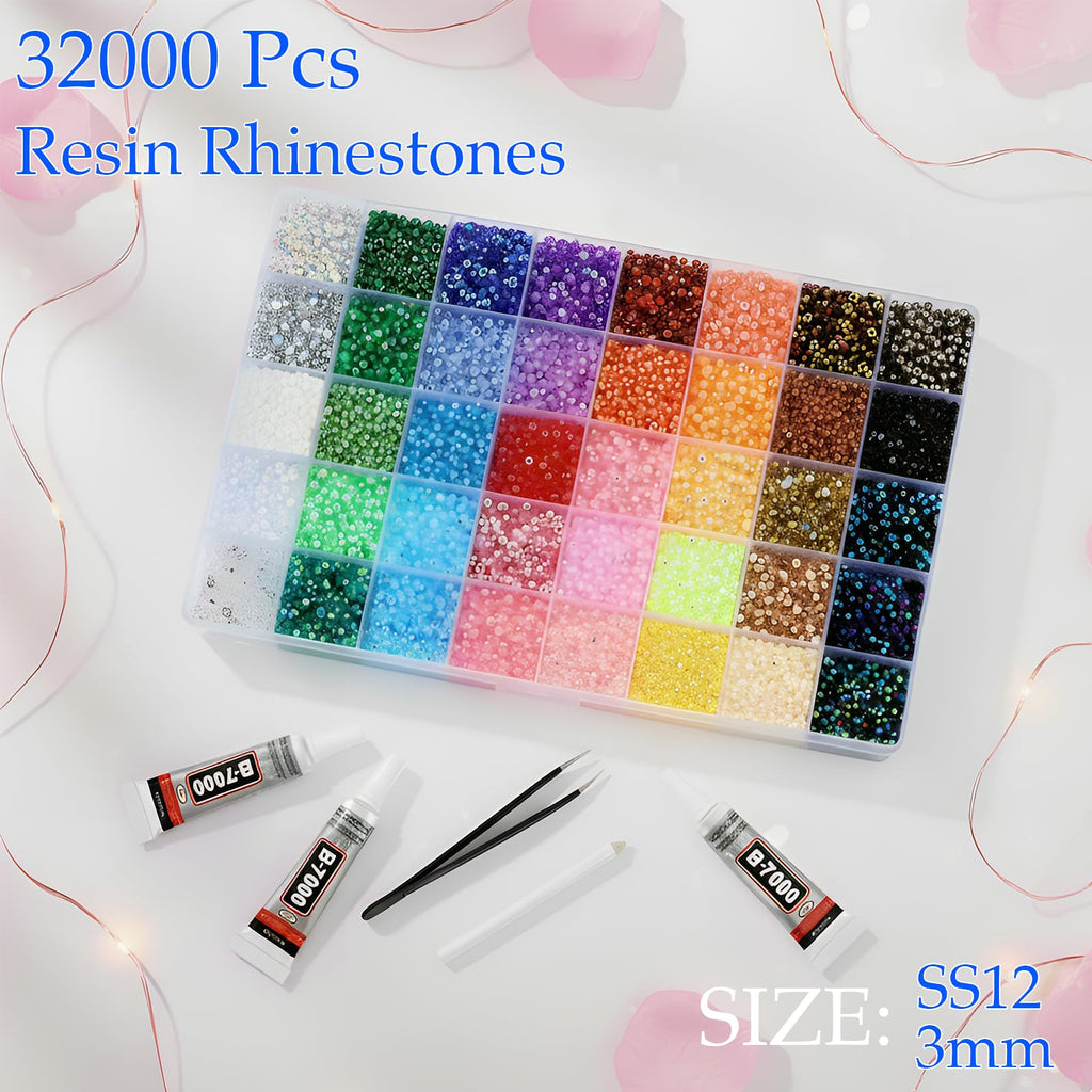 CyanHall Bedazzling Kit with 40 Colors, 32000 Pcs 3mm Flatback Rhinestones Resin Jelly Gems for Bedazzling, Rhinestone Kit with B7000 Glue for Nail Rhinestones, Shoes, Crafts, Diamond Art & DIY Bedazzler Projects