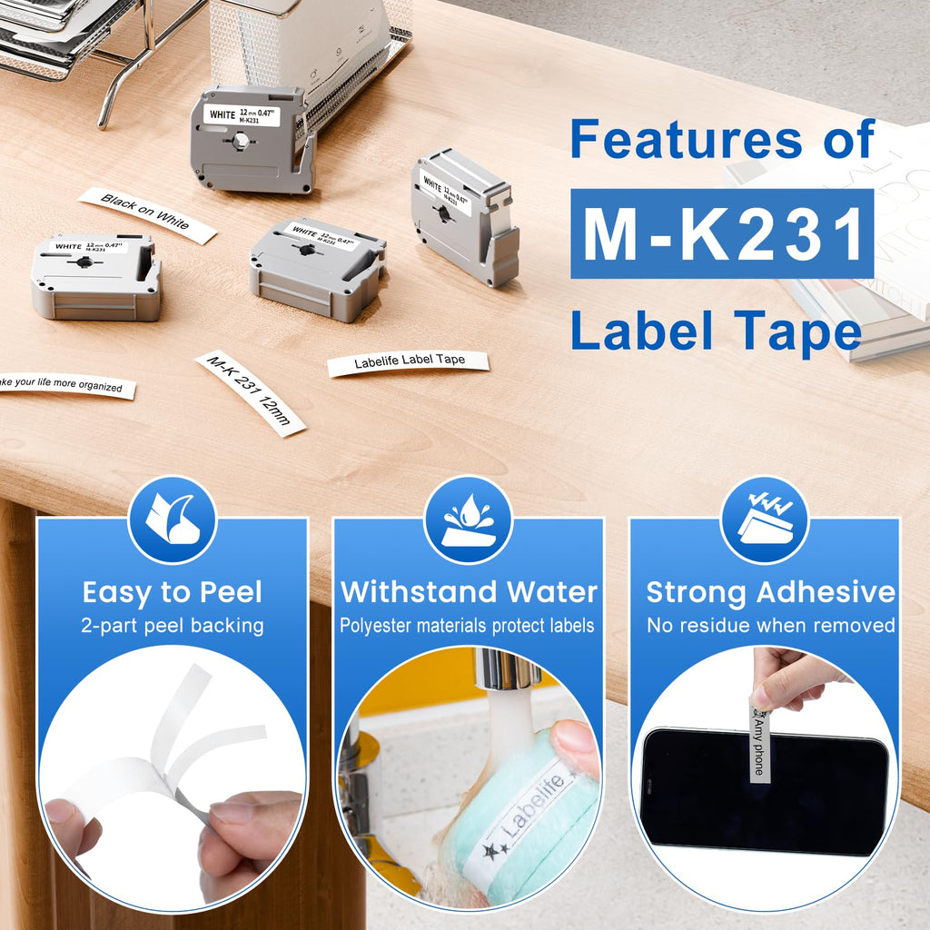 M-K231 12mm Label Maker Tape Replace for Brother P Touch M Tape M-K231s MK231 M-231 M231 M231s 12mm 0.47 Tape Work with Brother Ptouch PTM95 PT-M95 PT-65 PT-90 PT80 PT-70, Black on White