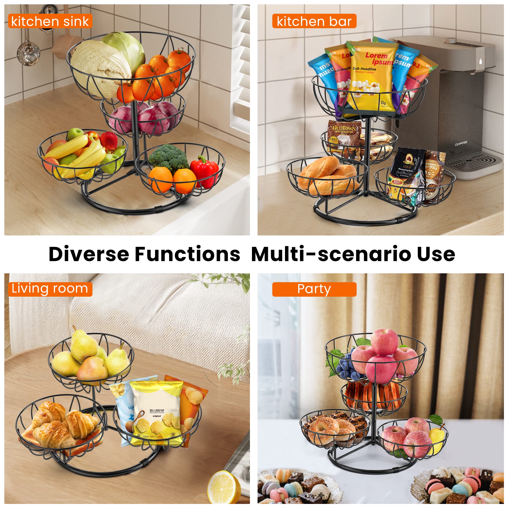 Honeystar 4 Tier Fruit Basket Bowl Fruit Stand Countertop Fruit Bowls for Counter Vegetable Basket Kitchen Organizer and Storage (Black)