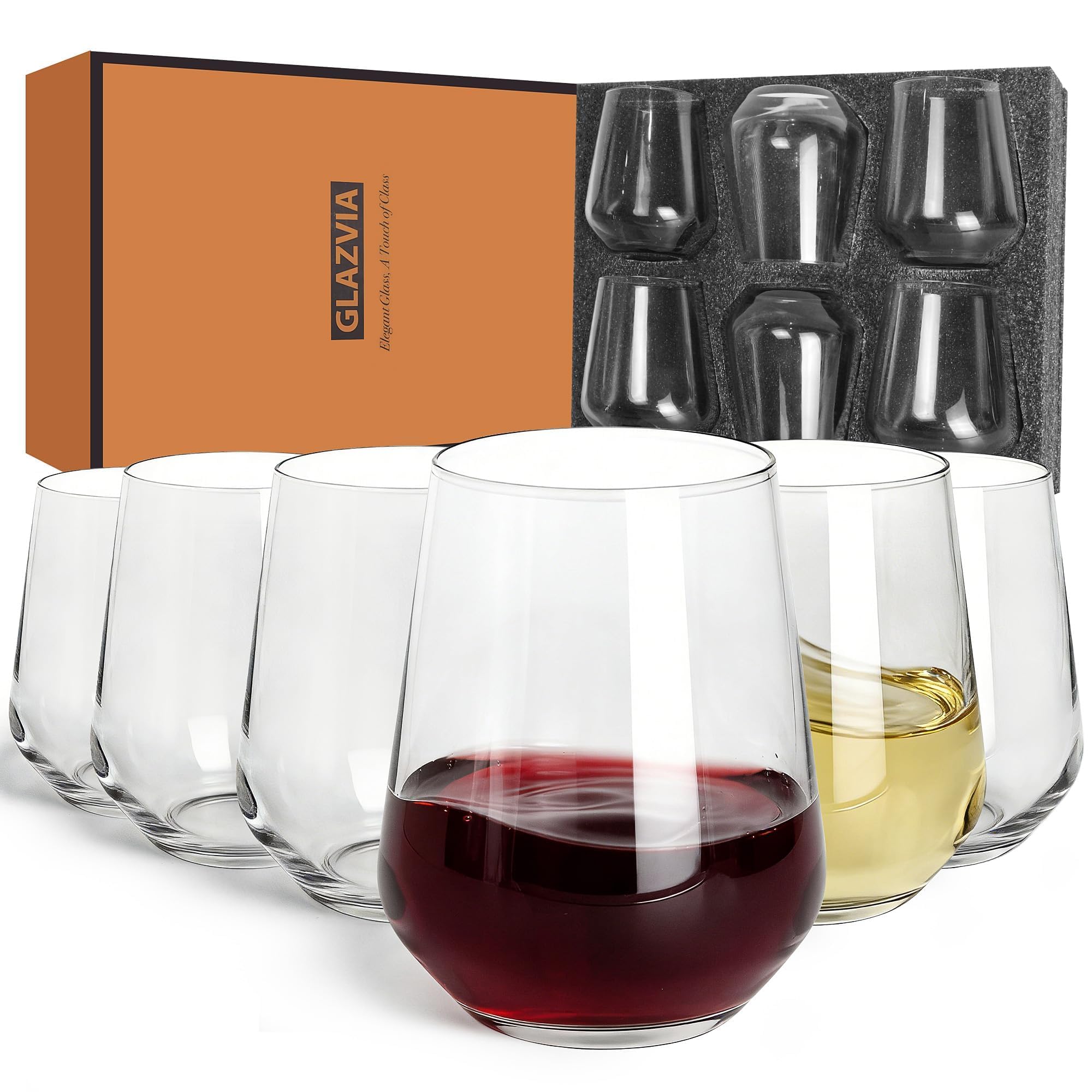GLAZVIA Stemless Wine Glasses Set of 6, 15oz Clear Drinking Glassware Dishwasher Safe, Wine Glass Tumblers for Red or White, Gift for Party, Holiday, Anniversary, Restaurant, Home Bar, Daily Use