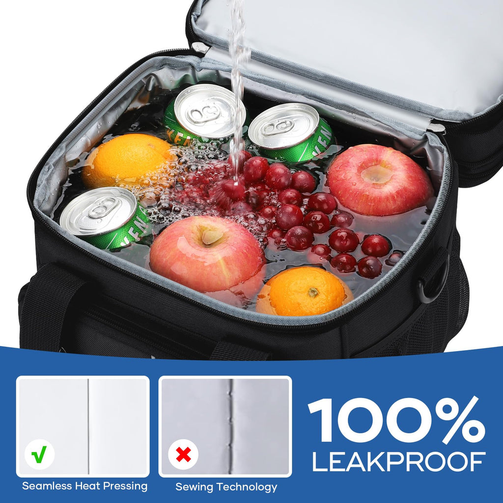 RealCool Lunch Bag, 15L Insulated Lunch Box for Men Women, Double Deck Leakproof Soft Cooler Bag with Adjustable Strap, Reusable Lunchbox for Work, Travel, Camping, Black