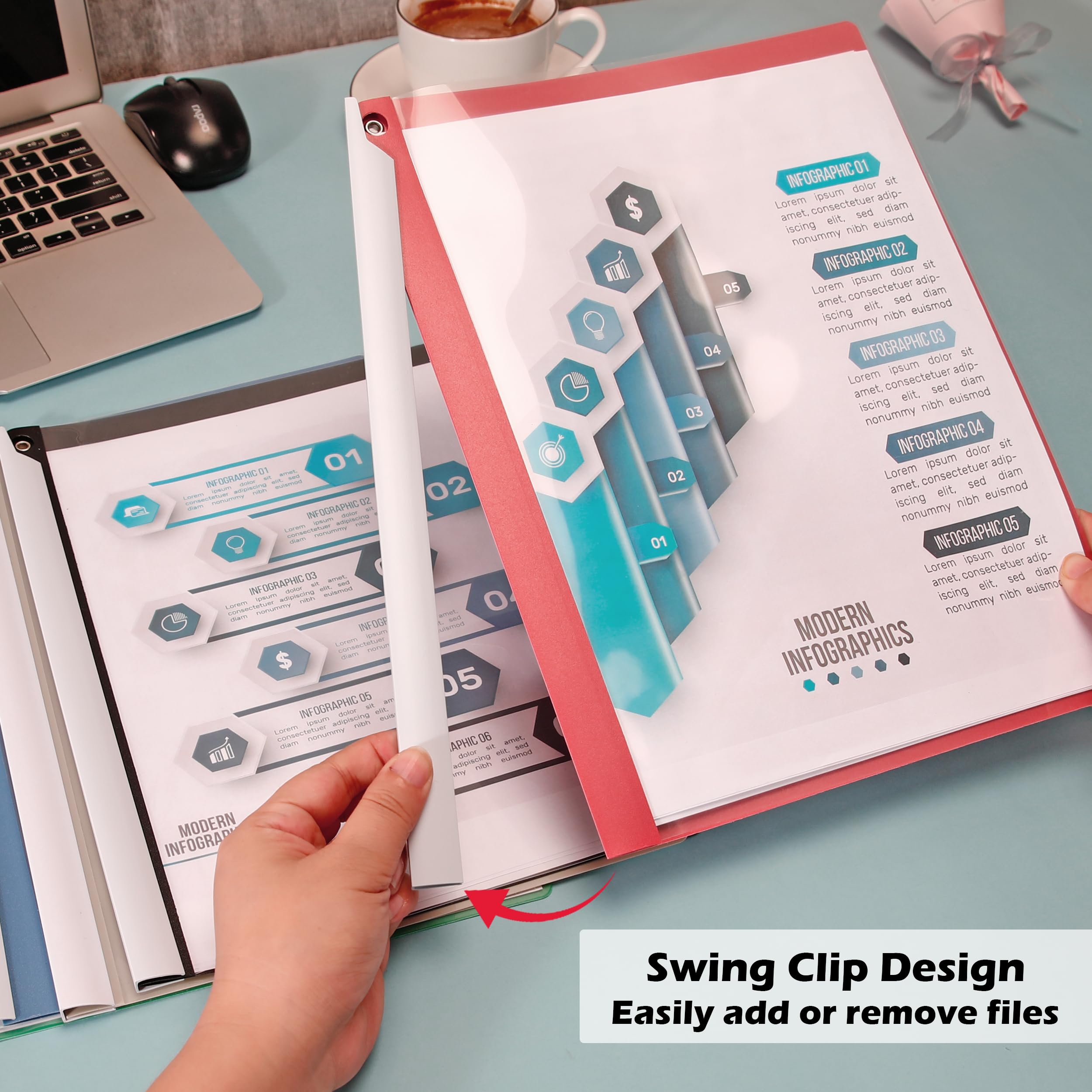 Dlicoda Report Sleeves with Swing Clip, 10 Pieces Clear Presentation Folders File Folder for A4/Letter Size, 8.9 x 11.8 inch, 40 Sheets Capacity, No Punch Needed (Multicolor)