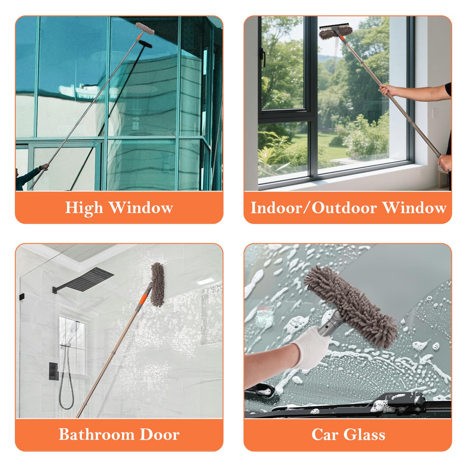 Terafeels 110.23in / 280cm Window Cleaning Tools, Window Squeegee: 2 in 1 Double-Sided Professional Cleaner with Extension Pole (Grey)