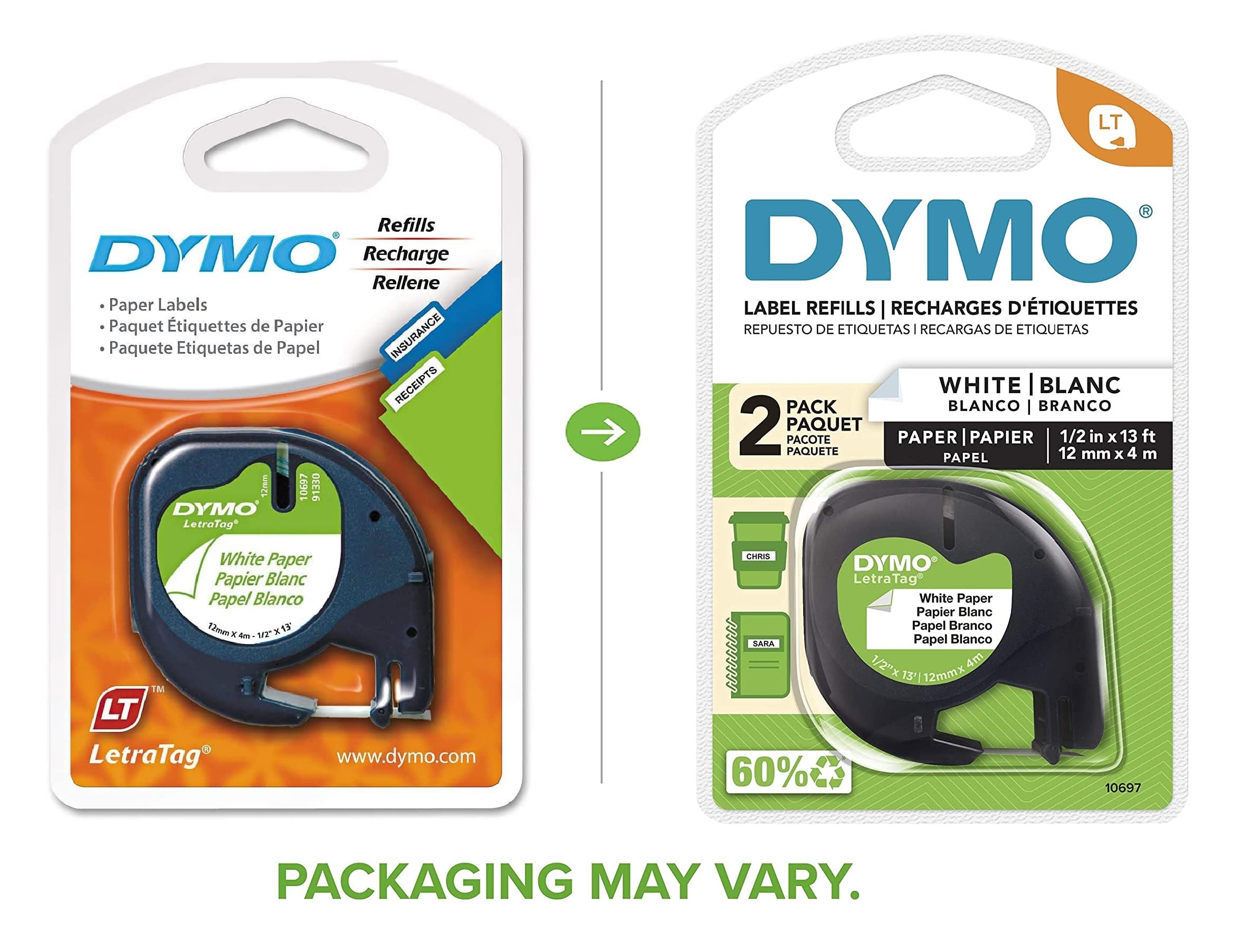 Dymo 10697 Self-Adhesive White Paper Labeling Tape for LetraTag, 2 Blister Packs (4 Refills), Black on White, 1/2-Inch Wide x 13 Feet Long