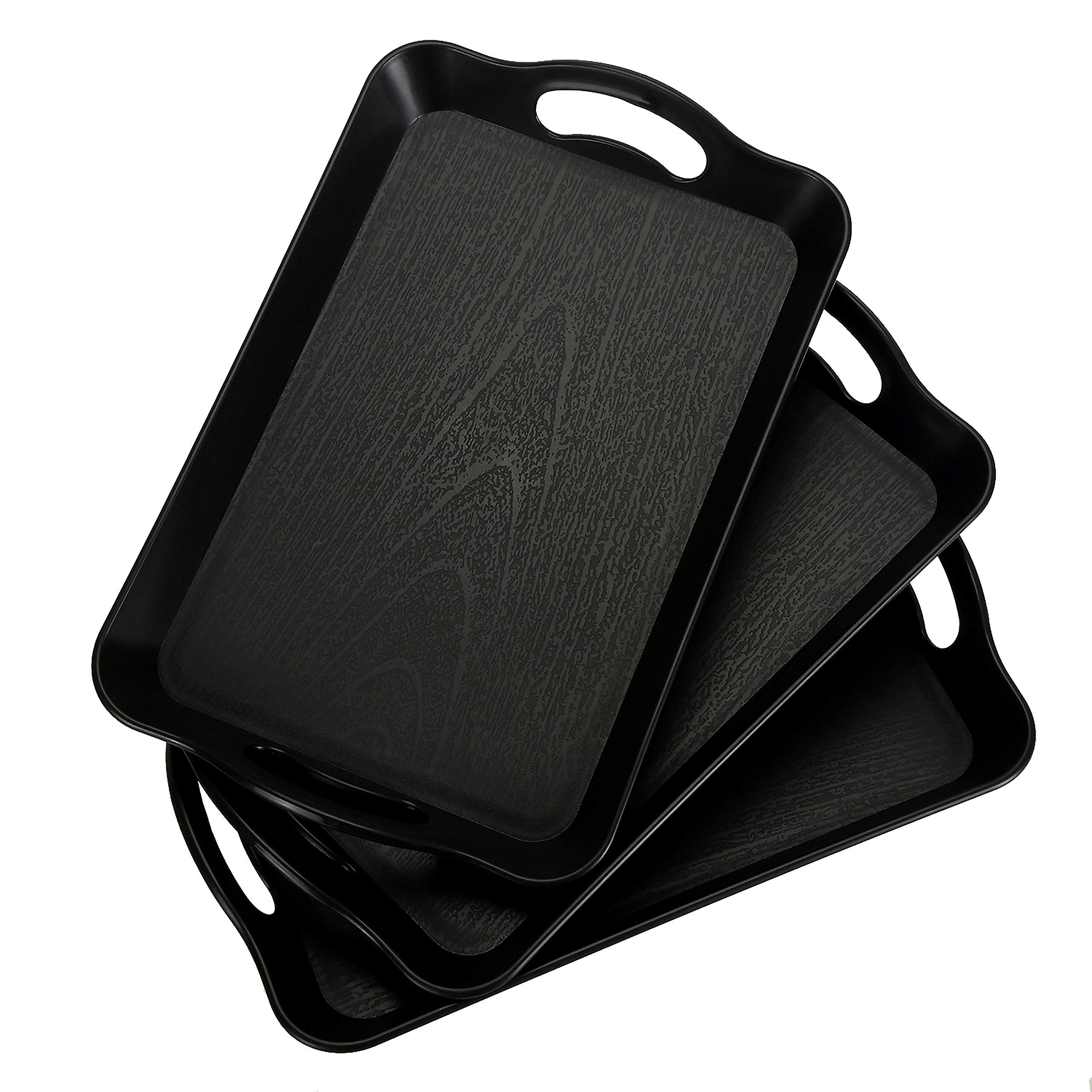 Cedilis 3 Pack Black Serving Trays with Handles,16 x 11IN Rectangular Non Skid Multi-Purpose Plastic OttomanTray for Restaurant, Parties, Coffee Table