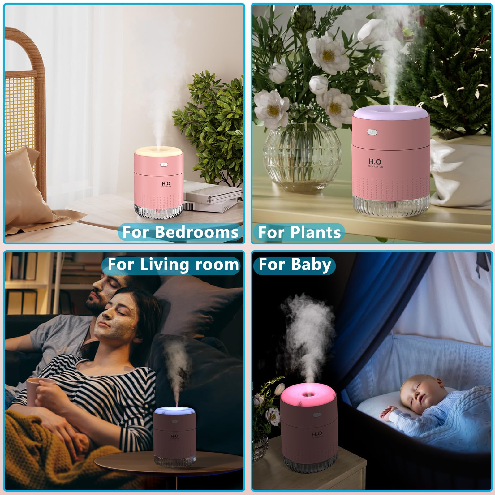 SZO Portable Mini Humidifier, 500ML USB Personal Cool Mist Humidifiers for Bedroom Office Travel Desk, Whisper Quiet 20dB with 2 Mist Modes & Auto Shut-Off, Small Desktop Humidifier(Pink)