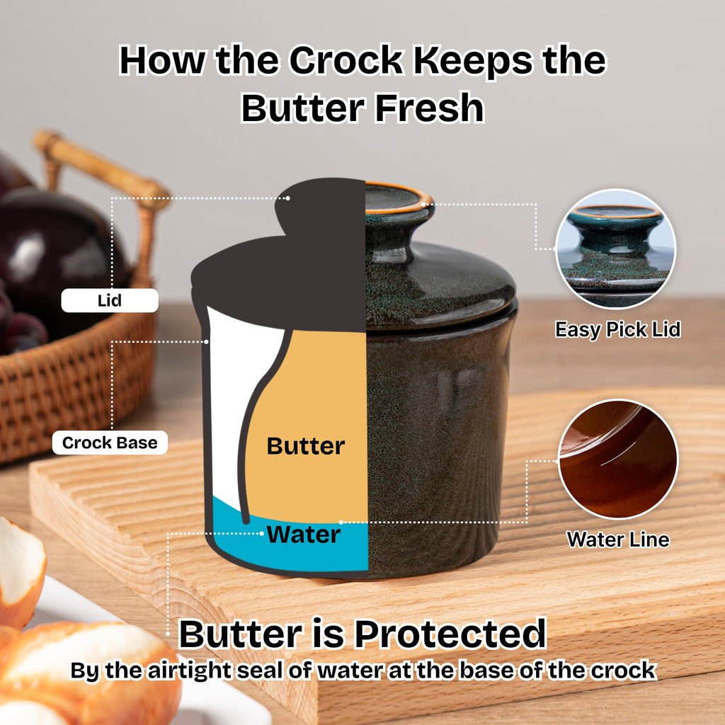 Teapeak Pottery Butter Keeper Crock - Ceramic Butter Dish with Water Line for Countertop, Keep Butter Fresh (Greenish Brwon)