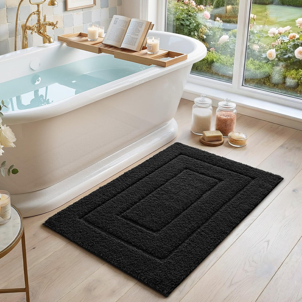 DEXI Bath Mat Non Slip, 16x24 Absorbent Microfiber Soft Bathroom Rug, Machine Washable Carpet for Shower Floor Bathmat Decor, Black