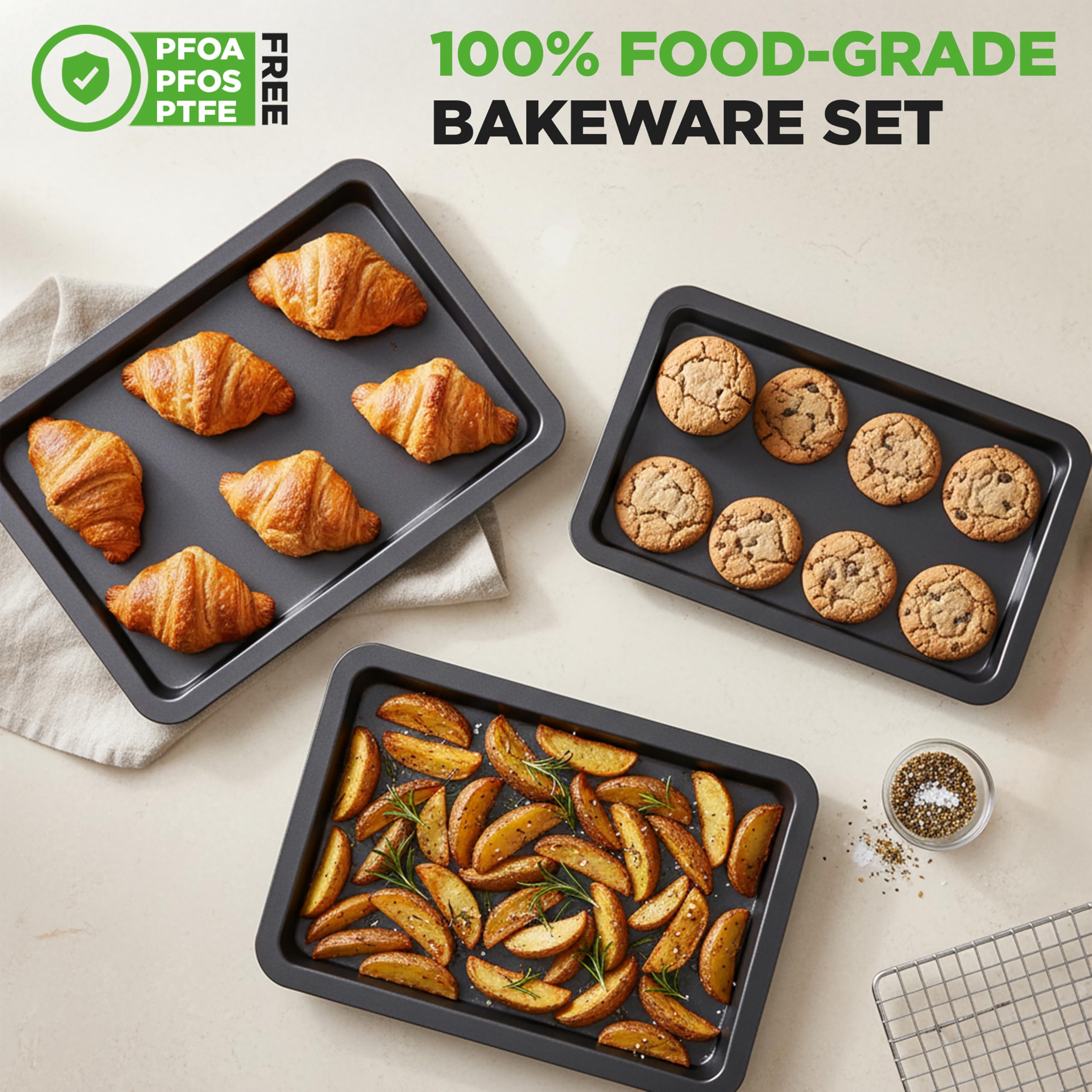 NutriChef, Baking Sheet, Baking Pan, Cookie Sheets, Baking Set, Baking Tray, Sheet Pan, Nonstick, Professional Quality, 3 Piece Set, Stackable, Black