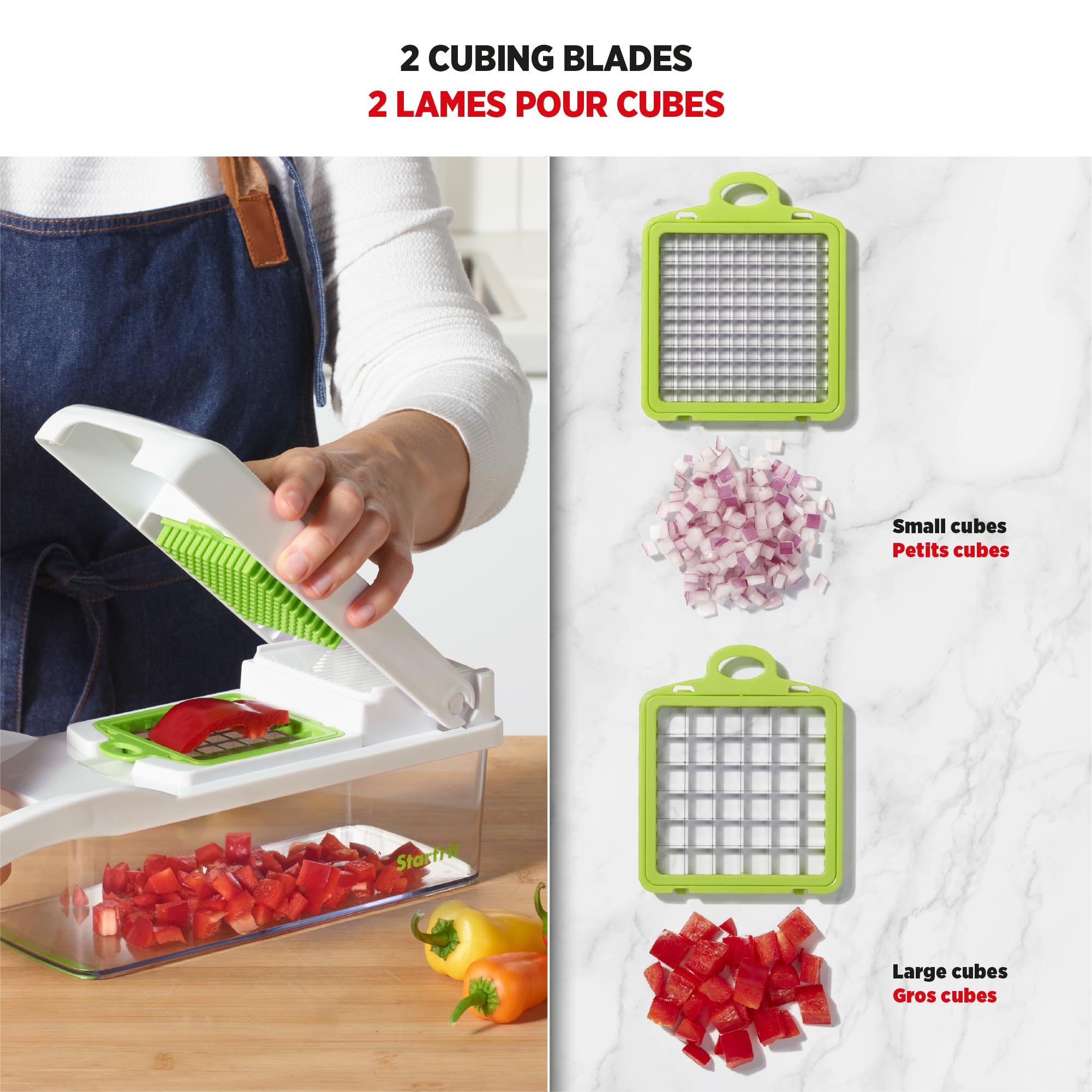 Starfrit Veggie Chopper Dicer Grater Slicer – 15-PC - 7 Interchangeable Blades - 9 Functions - Onion Chopper, Potato Slicer, Carrot Grater, Ginger Grater - Draining Basket and Container