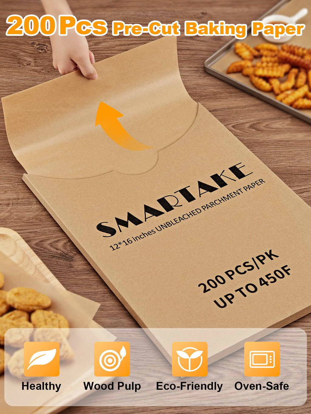 SMARTAKE 200 Pcs Unbleached Parchment Paper Baking Sheets, 12x16 Inches（9x13 Optional）, Non-Stick, Precut for Baking, Grilling, Air Fryer, Steaming, Bread, Cup Cake, Cookie