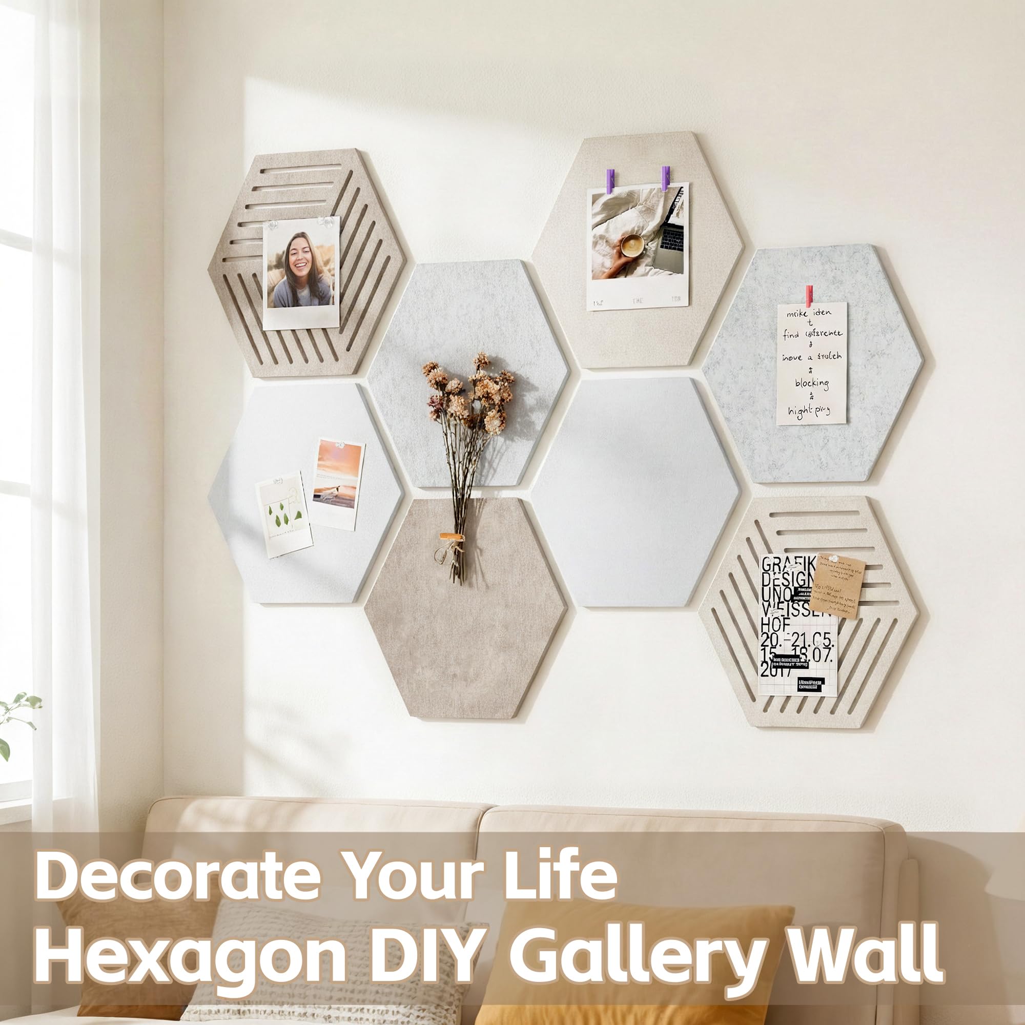 Hexagon Large Felt Bulletin Board Tiles - Cork Board Alternative for Wall 8 Pack Pin Board with 40 Push Pins, DIY Decor for Office Home Classroom Photos Memos