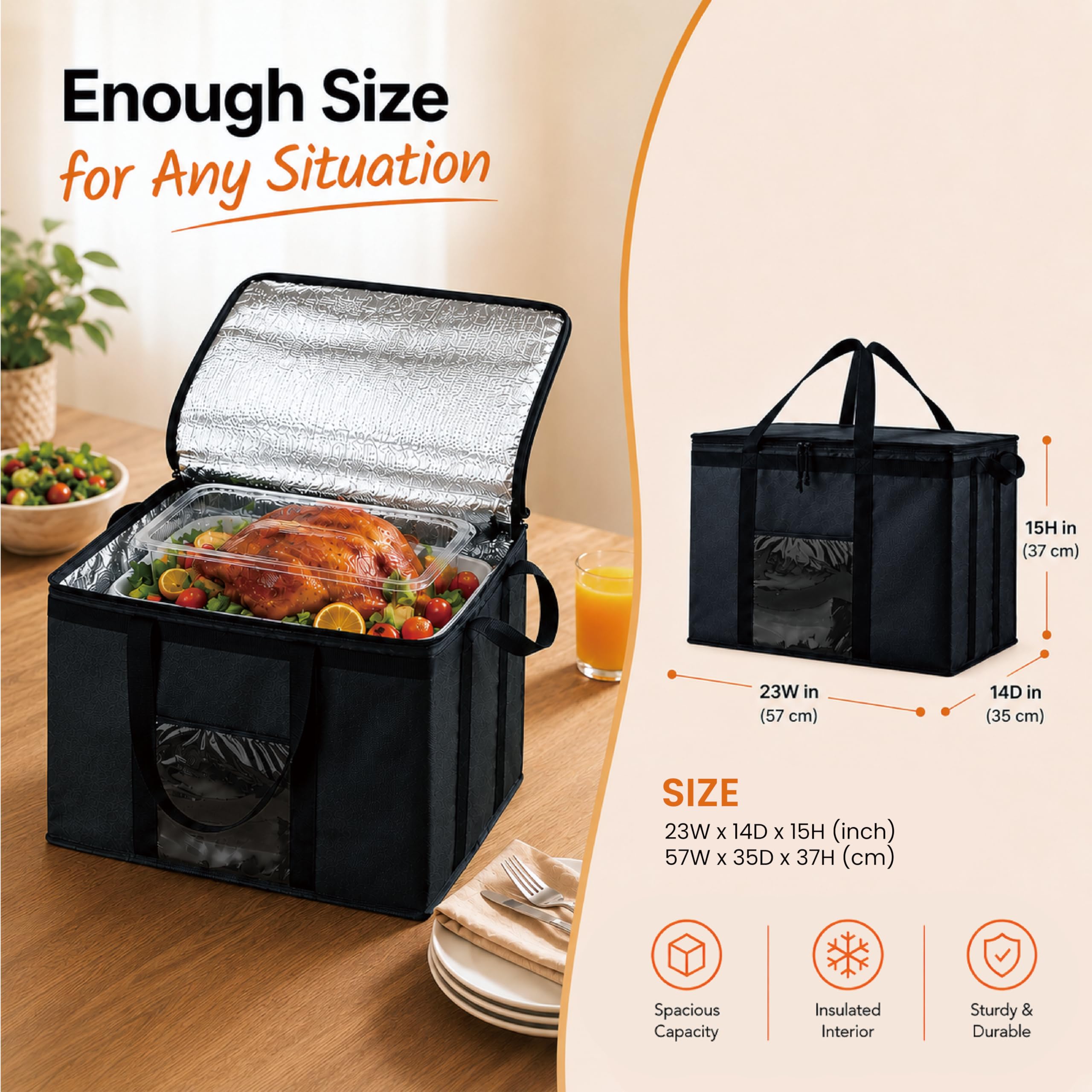 NZ Home Insulated Food Delivery Bag (3XL) Grocery Cooler Bag, Thermal Pizza Delivery & Catering Tote, Heavy Duty & Foldable Food Carrier (Black)