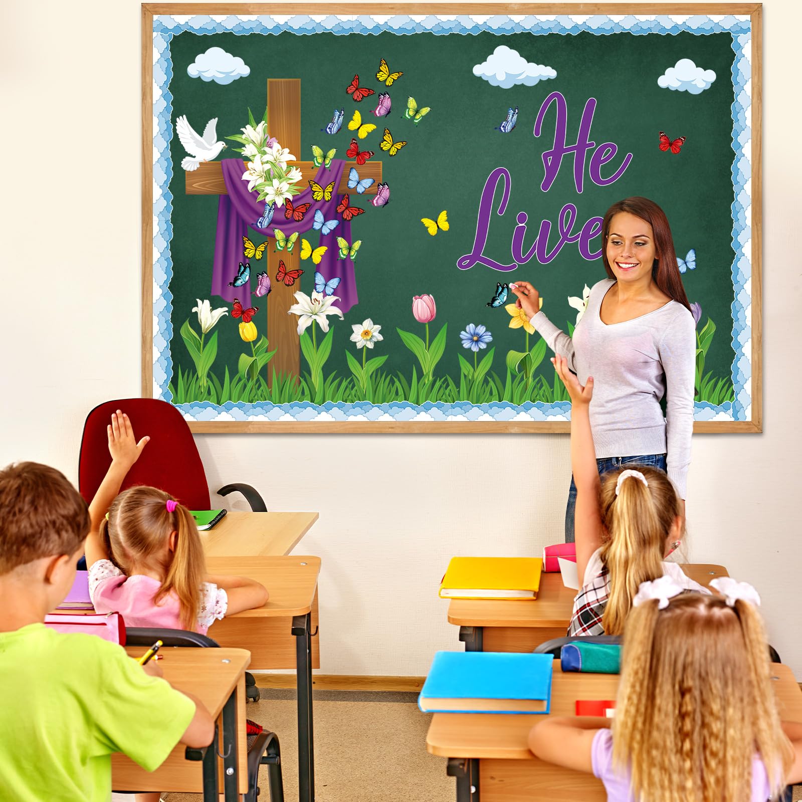 Easter Bulletin Board Decorations Christian Religious Bulletin Board Set He Lives Cross Cutouts for Spring School Sunday Home Church Wall Door(Christian)