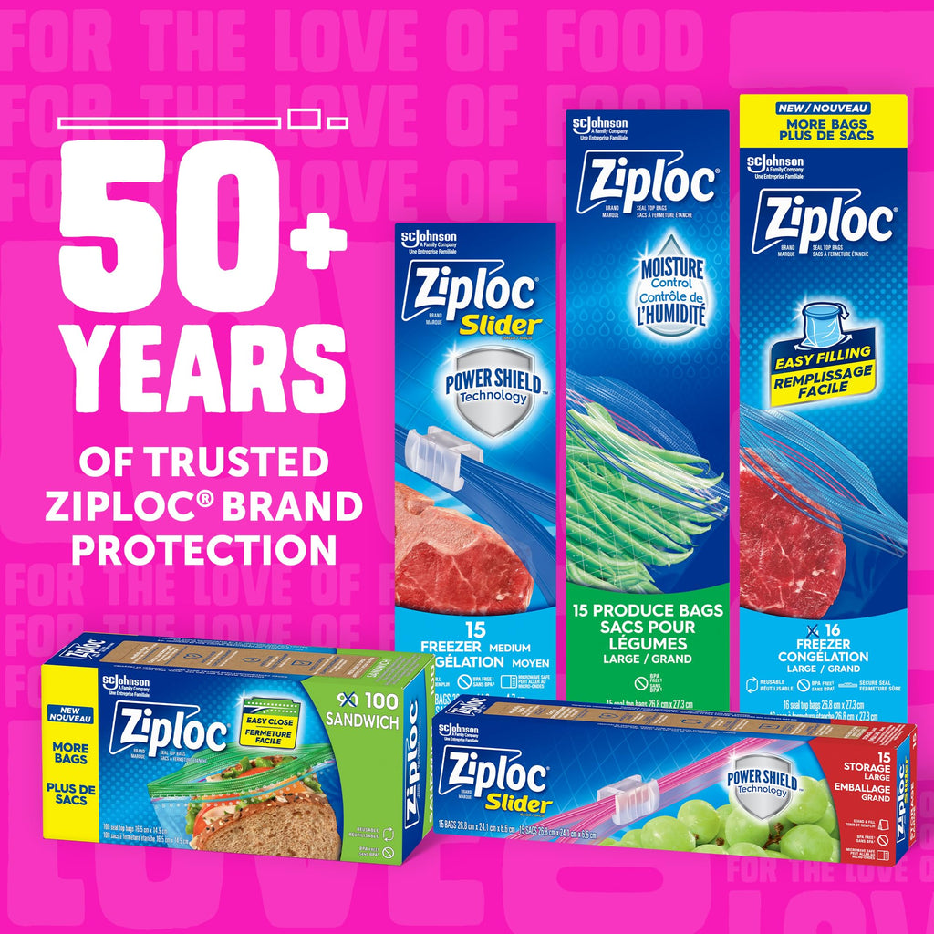 Ziploc Large Food Storage Slider Bags, Puncture-Resistant with Easy Close Slider, Expandable Bottom, BPA Free, Microwave Safe, 45 Count