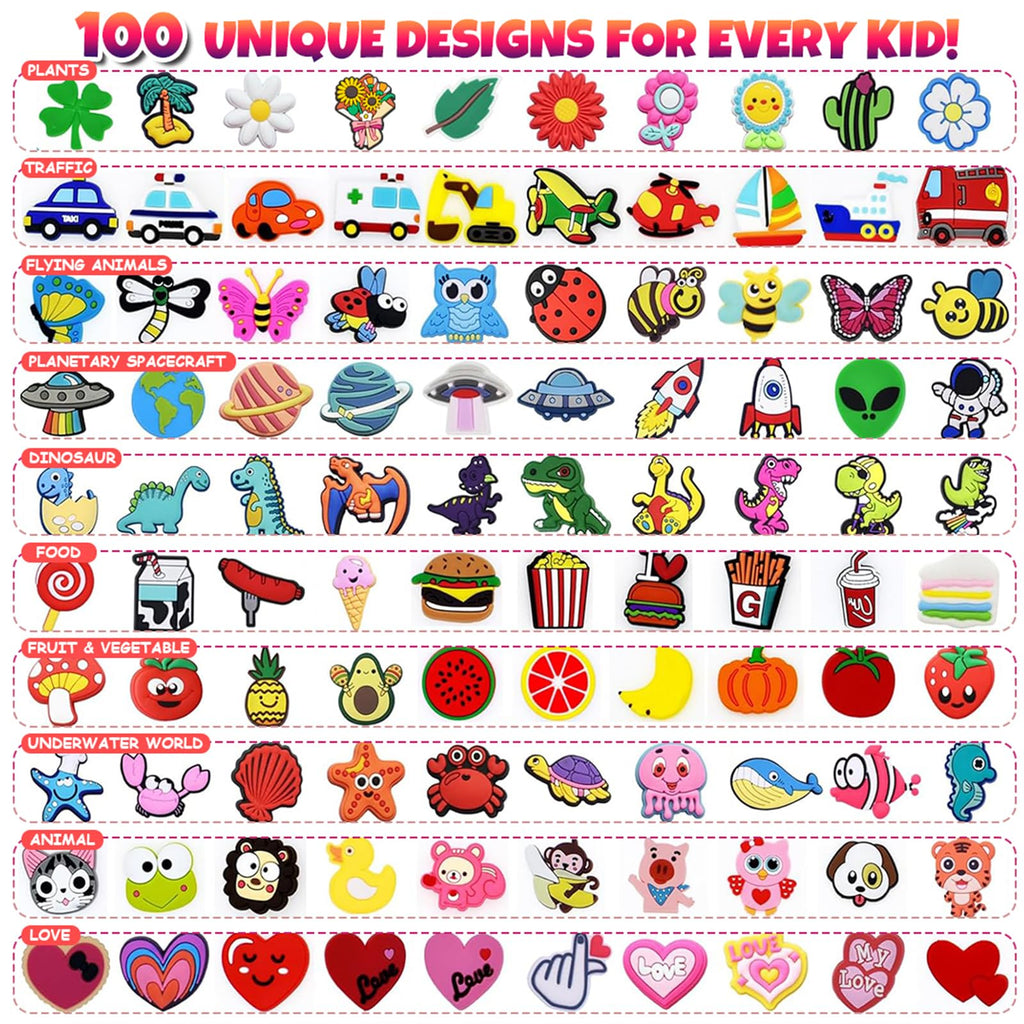 100Pcs Pencil Charms, Pencil Topper Decoration, Cute PVC Different Charms Clips Designs, Cute School Supplies Classroom Rewards and Prizes
