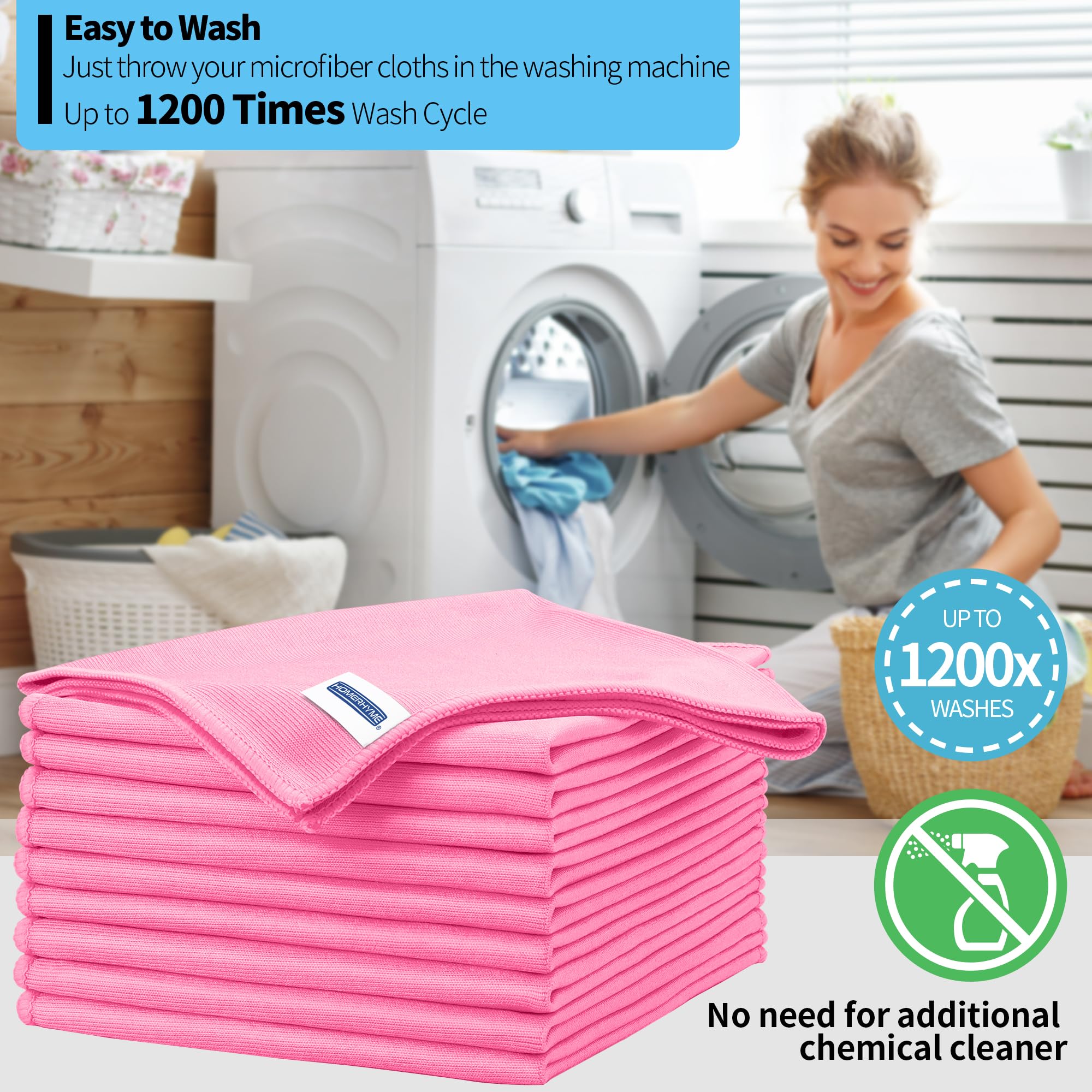 HOMERHYME Microfiber Cleaning Cloth - 10 Pack Glasses Cleaning Cloth, 16" x 14" Window Cleaning Rags, Streak Free Lint Free Polishing Cloths Wipes for Eye Glass, Stainless Steel, Windshield, Pink