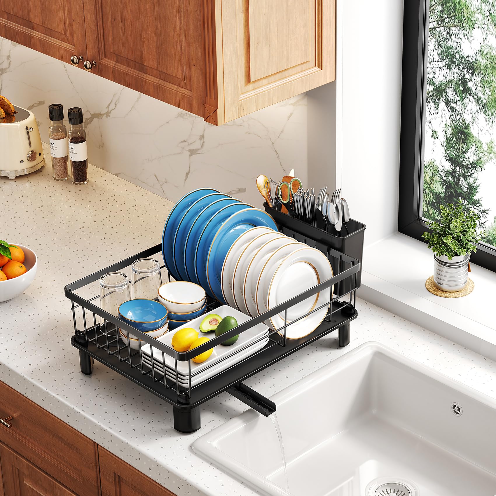 Dish Drying Rack - Small Dish Rack for Kitchen Counter, Stainless Steel Dish Drainer with Utensil Holder and Drainboard (Black)