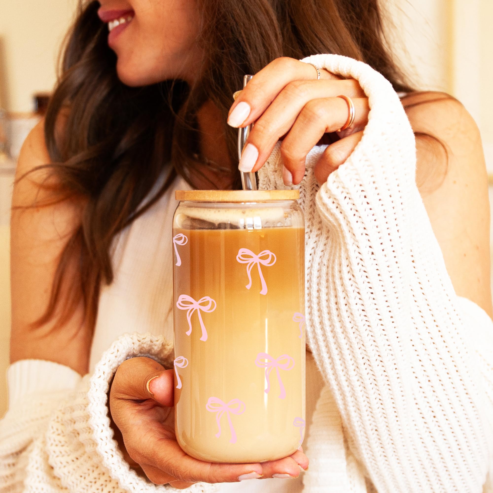 BIPEDS Coquette Cute Pink Bow Glass Cups with Lids and Straws, Aesthetic Iced Coffee Cup, Girly Preppy Design Tumbler Mug, Birthday Valentines Christmas Gifts for Women, Teen Girl Gifts Trendy Stuff