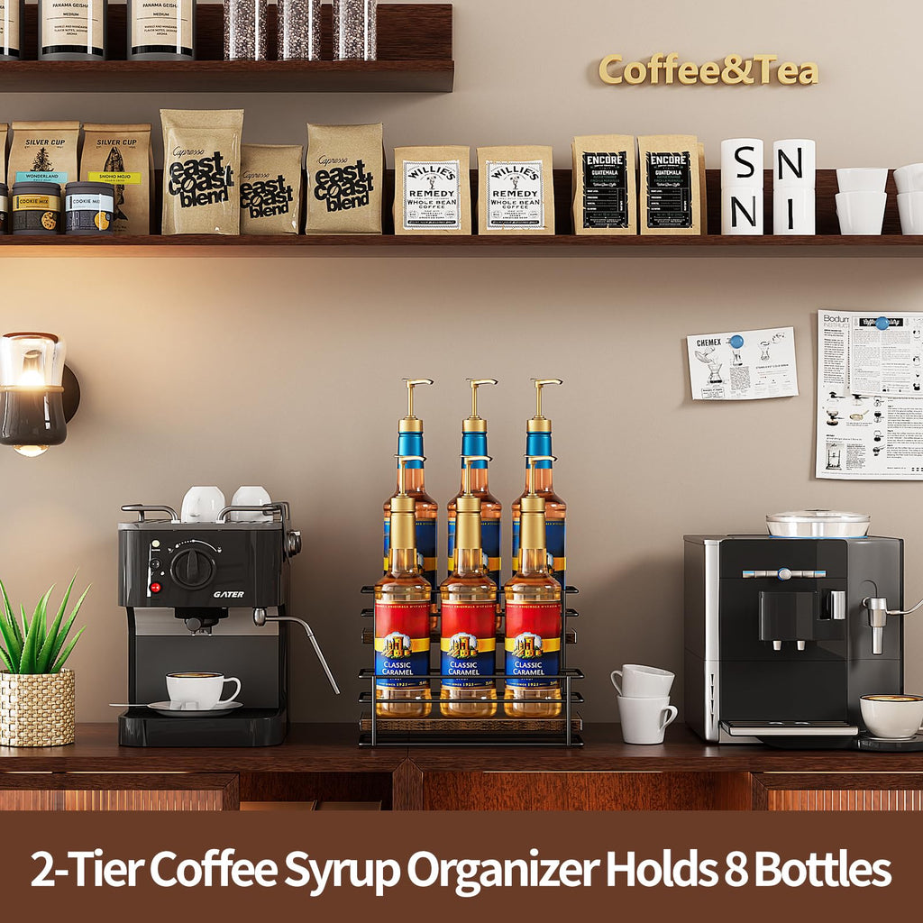 Nuovoware Coffee Syrup Organizer, 2-Tier 6 Bottles Separable Metal Rack with Wooden Base Whiskey Wine Dressing for Countertop Kitchen Bar, Black