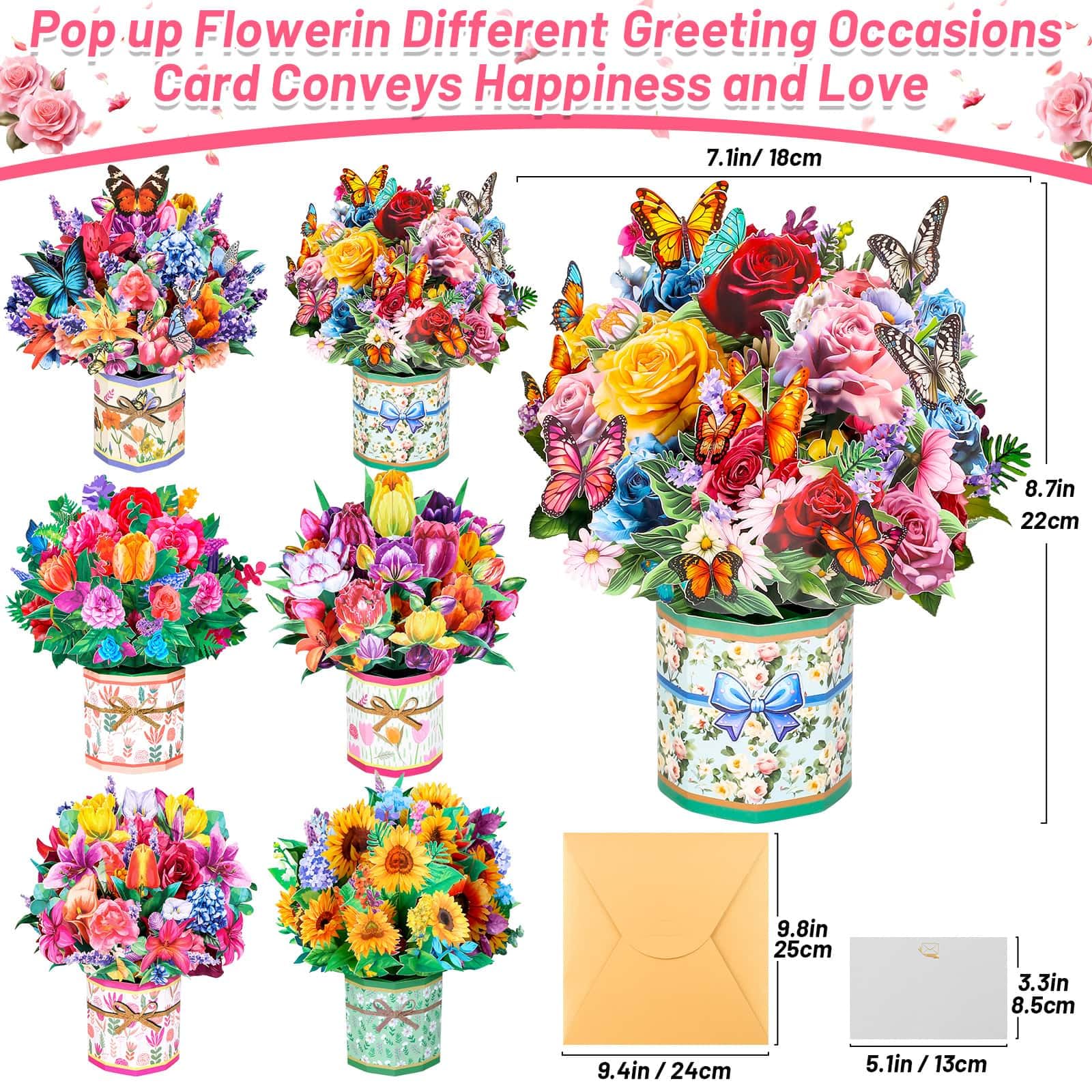 6 Pack Paper Flower Pop Up Cards, Flower Bouquet Card Popup 3D Greeting Cards for Mother's Day, Graduation, Anniversary, Birthday, Congratulations, Get Well, Home Decor, with Envelope and Note