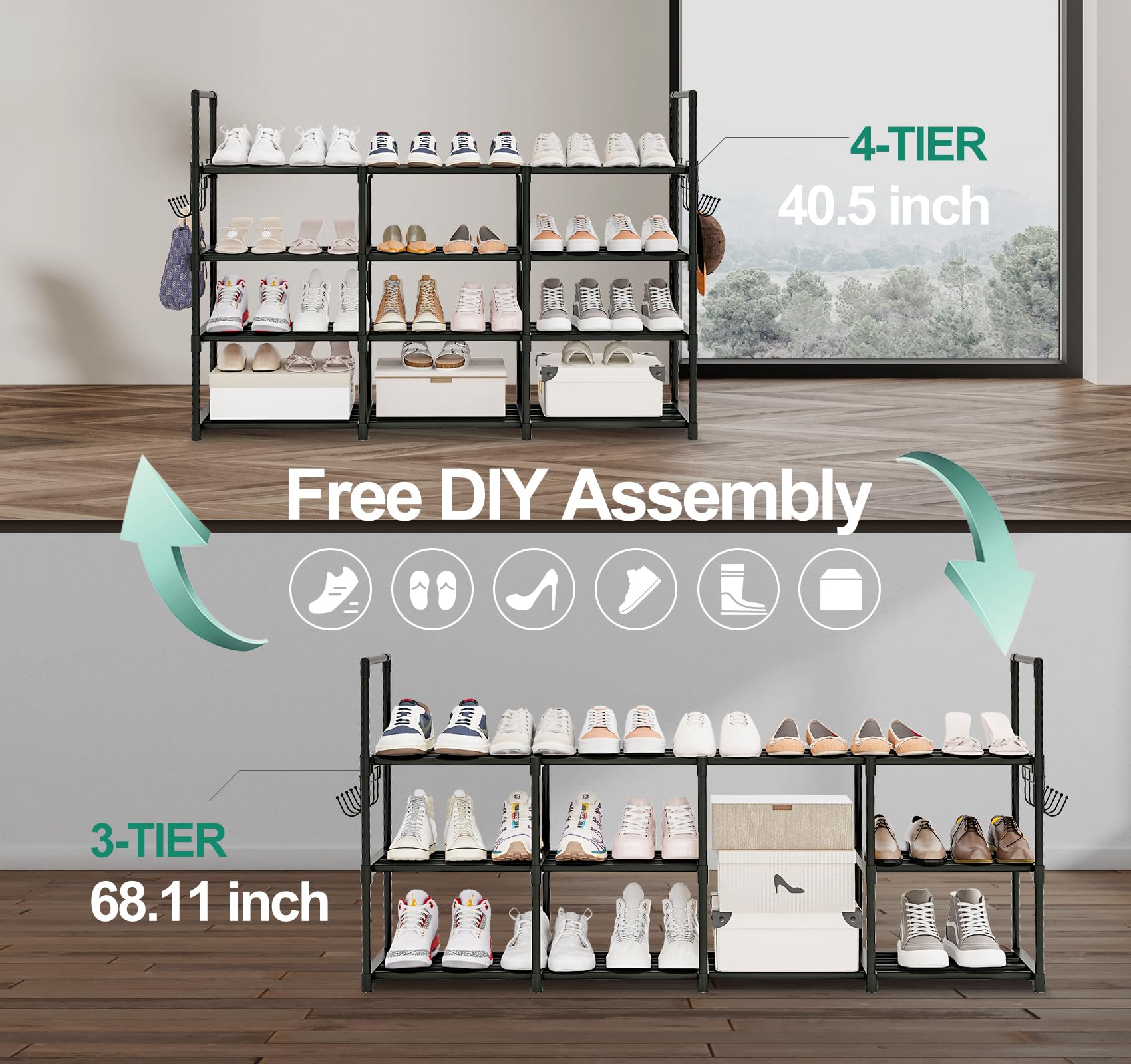 4 Tier Shoe Rack, Wide Shoe Racks,Holds 24-30 Pairs of Shoes,Shoes Rack for Closet,Show Rack