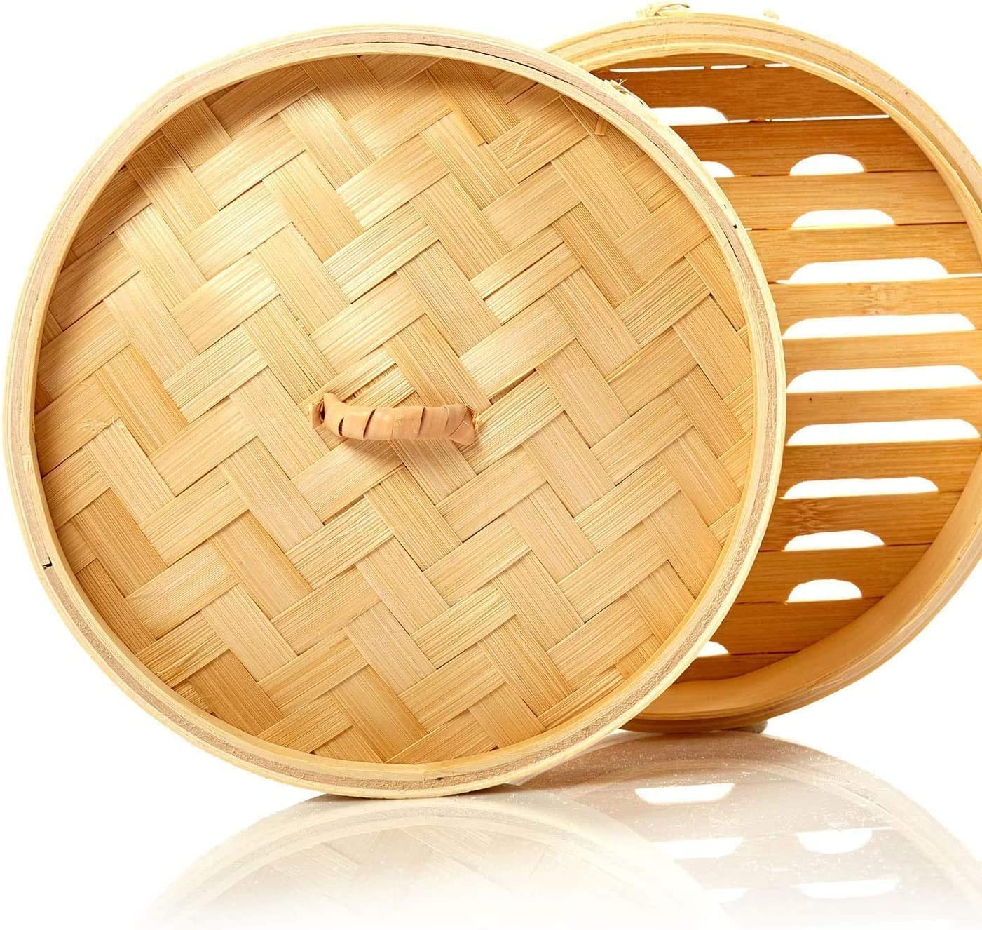 Natural Bamboo Steamer Basket,2 Tier Food Pot Basket Cooker,Chinese Food Steamer,Asian Style Cookware,Great for Dumplings, Vegetables, Chicken, Fish, Dim Sum (10 Inches)