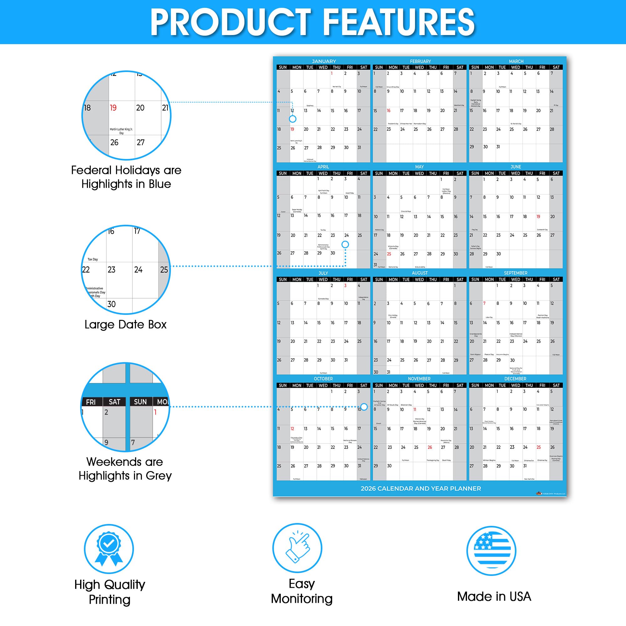 2026 Wall Calendar Large Size 24" x 36", Paper Folded 12 Month Annual Yearly Wall Planner, Reversible, Horizontal/Vertical