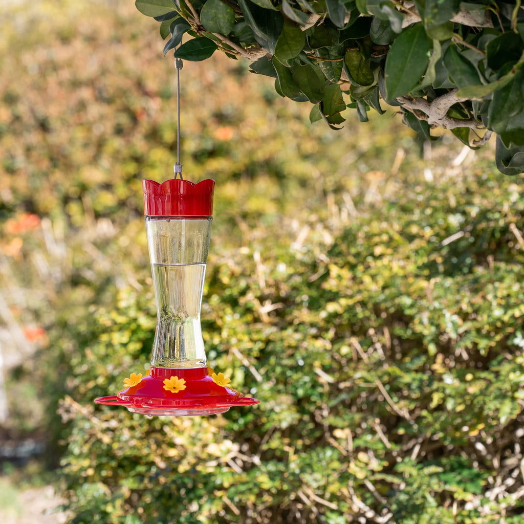 MEKKAPRO Outdoor Hummingbird Feeder Made from Glass, Hanging 5 Nectar Feeding Stations, Bright Red, Backyard Feeder (10 Ounce)