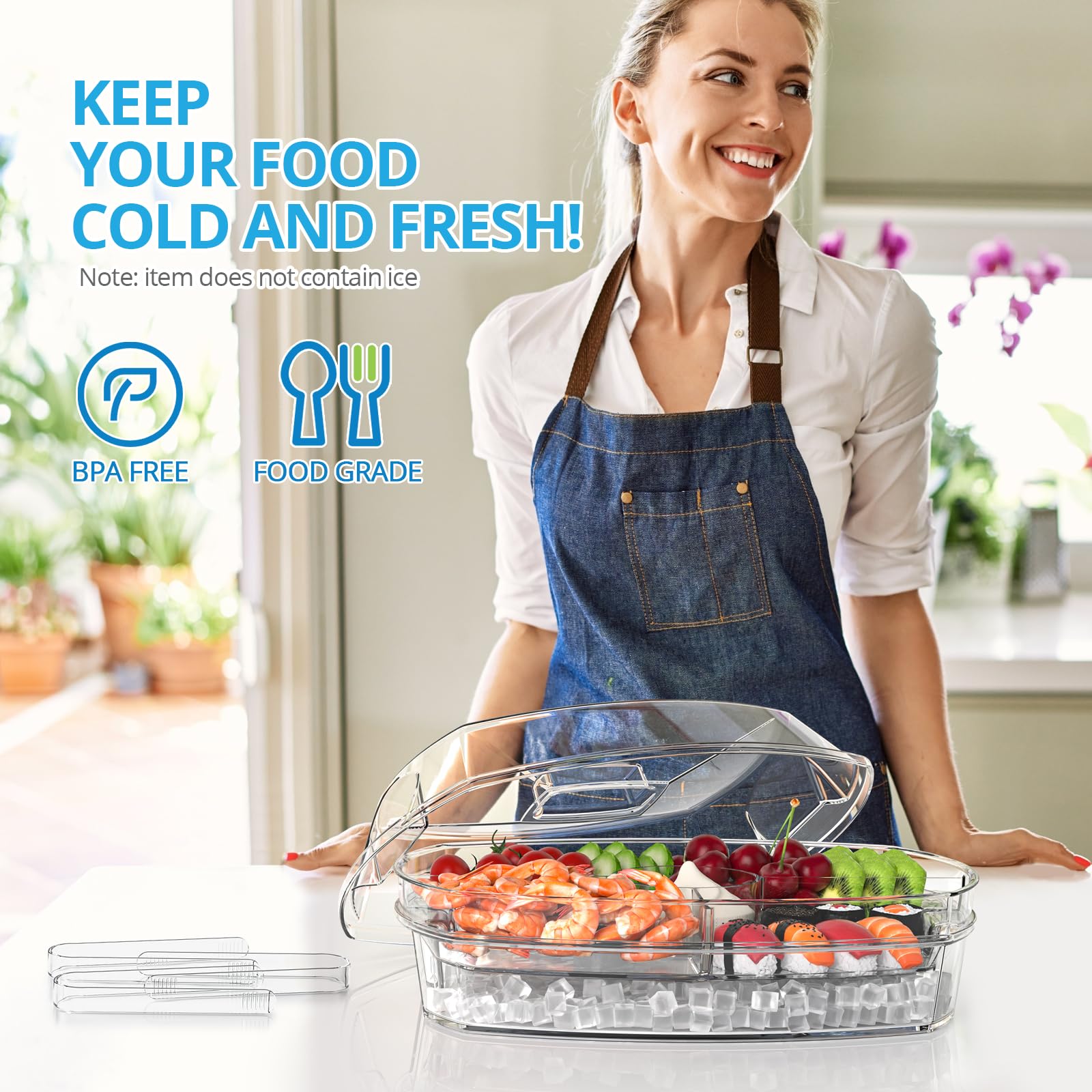 Tangyinus Ice Chilled Party Platter - 15'' Divided Serving Tray with Lid and 4 Compartments, Clear Fruit Trays for Serving for Party, Ideal Cold Chilled Serving Trays for Parties, Shrimp Cocktail, Etc