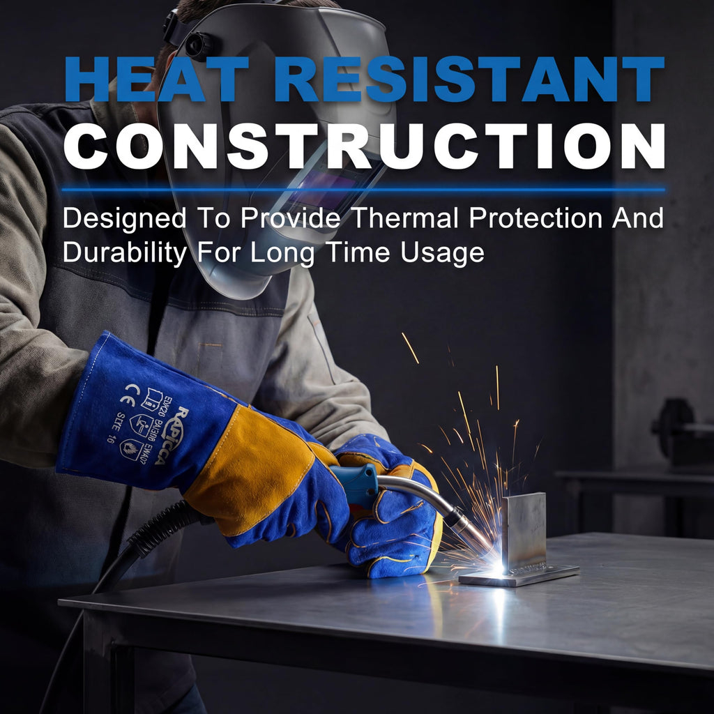 RAPICCA Welding Gloves Fire Heat Resistant: Fireproof Leather For Stick Mig Flux-Core Welder Forge Blacksmith Fireplace Wood Stove Fire Pit Furnace Handling Dry ice - One Size Blue 16IN 932℉
