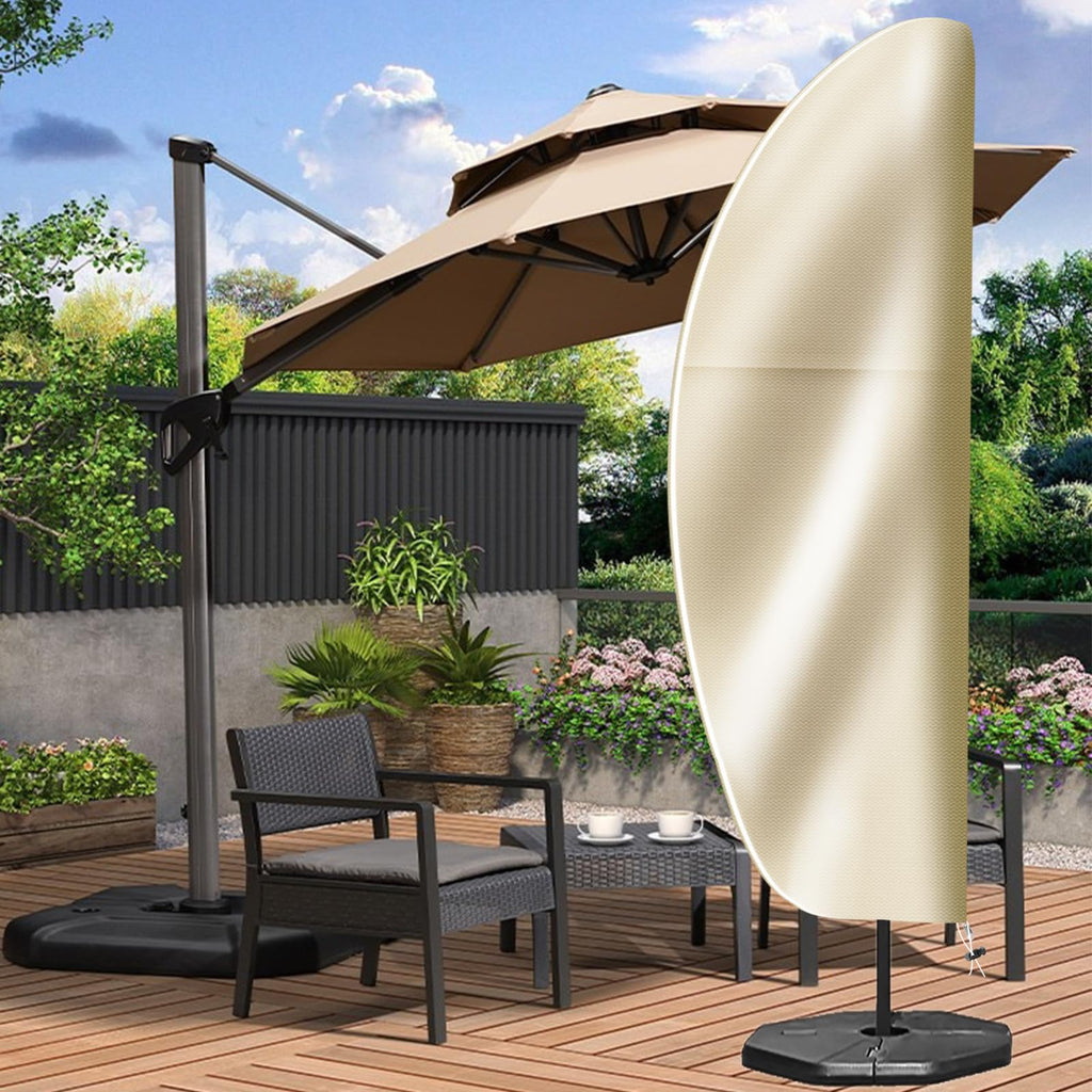 OKPOW Patio Umbrella Cover for 9ft to 14ft Outdoor Umbrellas - Waterproof Cantilever Offset Umbrella Cover Windproof - 420D Oxford Fabric Anti UV Large Hanging Parasol Covers (Beige)