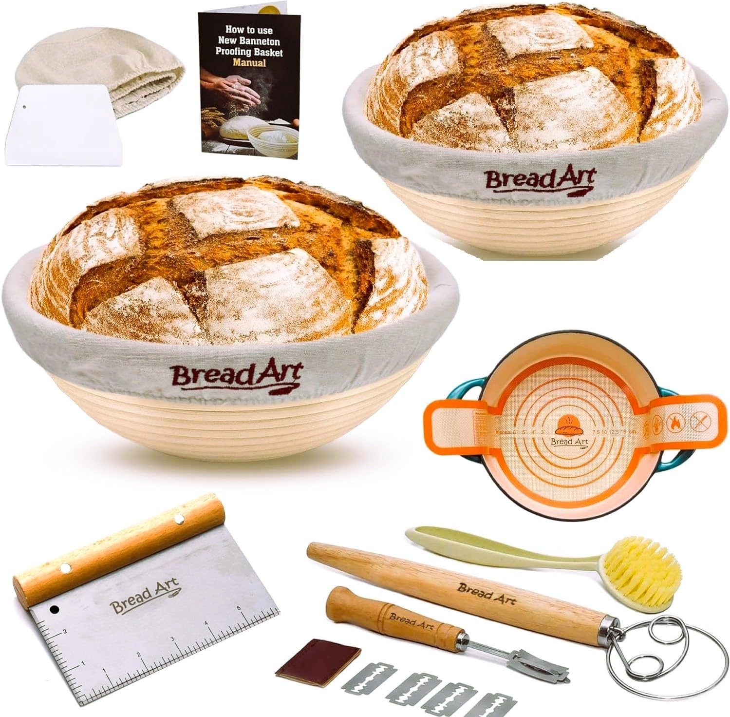 Sourdough Bread Baking Supplies - 2PCS of 9 Inch Round Sourdough Proofing Baskets KIt with Silicone Bread Sling, Dough Scrapers, Bread lame, Dough Whisk and a Cleaning Brush