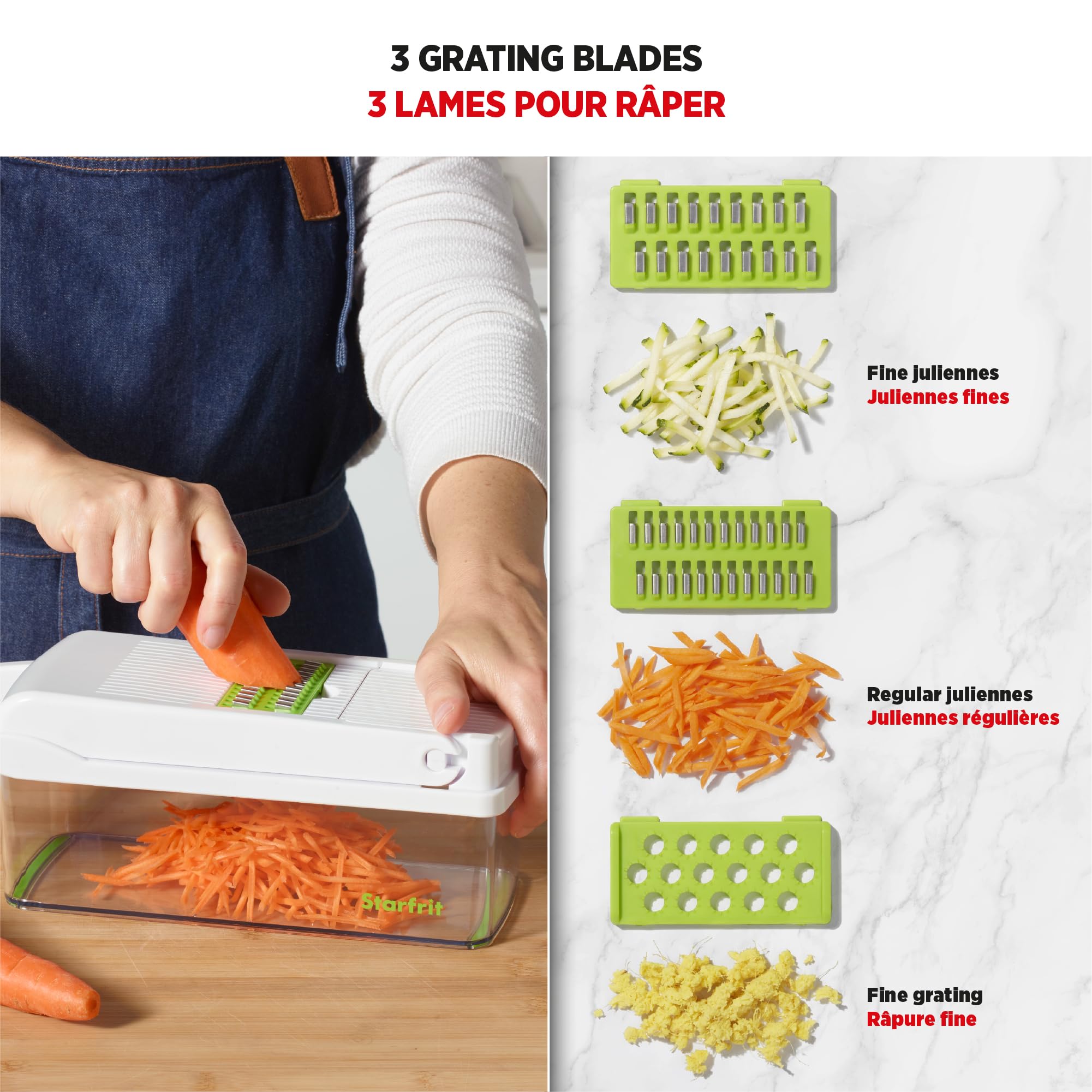 Starfrit Veggie Chopper Dicer Grater Slicer – 15-PC - 7 Interchangeable Blades - 9 Functions - Onion Chopper, Potato Slicer, Carrot Grater, Ginger Grater - Draining Basket and Container