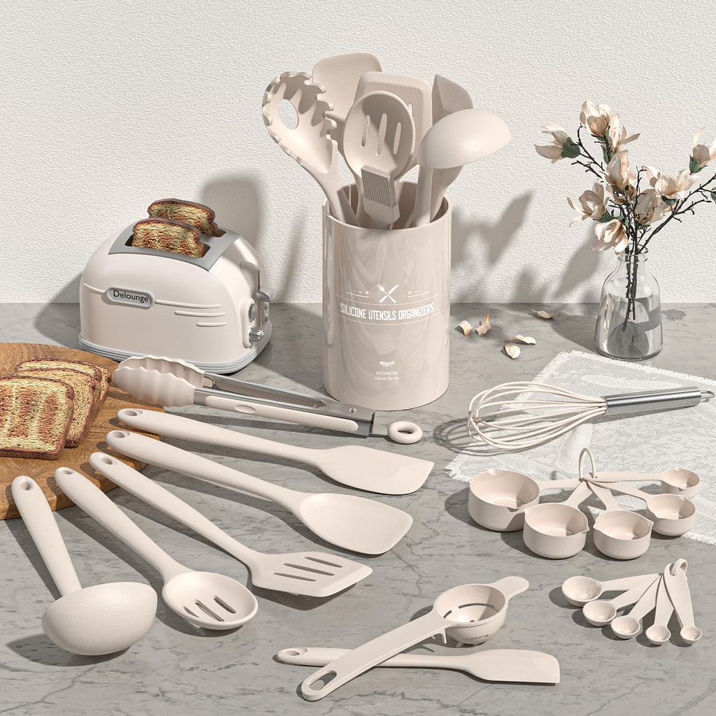 Silicone Kitchen Cooking Utensils Set, Umite Chef 22Pcs Heat Resistant Kitchen Utensils, Spatula, Spoon, Whisk, Dishwasher Safe Kitchen Utensil Gadgets Tools Set for Nonstick Cookware(Khaki)