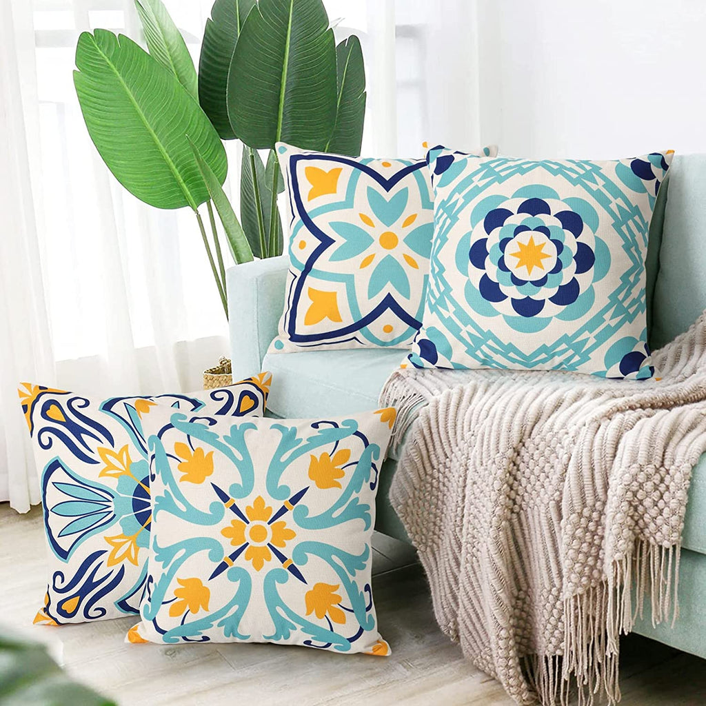 Dremisland Outdoor Throw Pillow Covers Waterproof Pillow Covers 18x18 Set of 4 Boho Linen Throw Pillow Covers Modern Blue Decorative Pillow Case for Patio Garden Balcony Couch Deck Chair